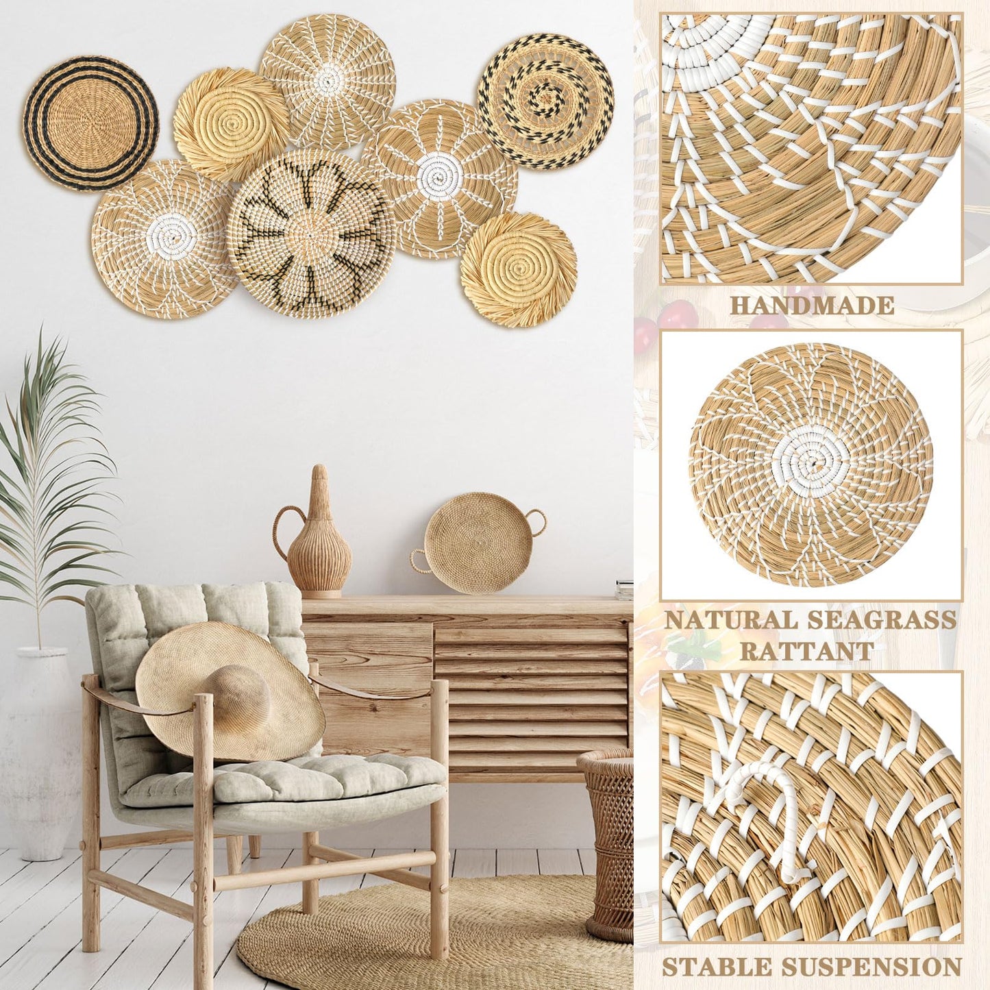 Xuhal 8 Pcs Boho Wall Basket Decor Decorative Bulrush Woven Basket Wall Decor Rustic Farmhouse Hanging Baskets for Kitchen Rustic Home Summer Decorations