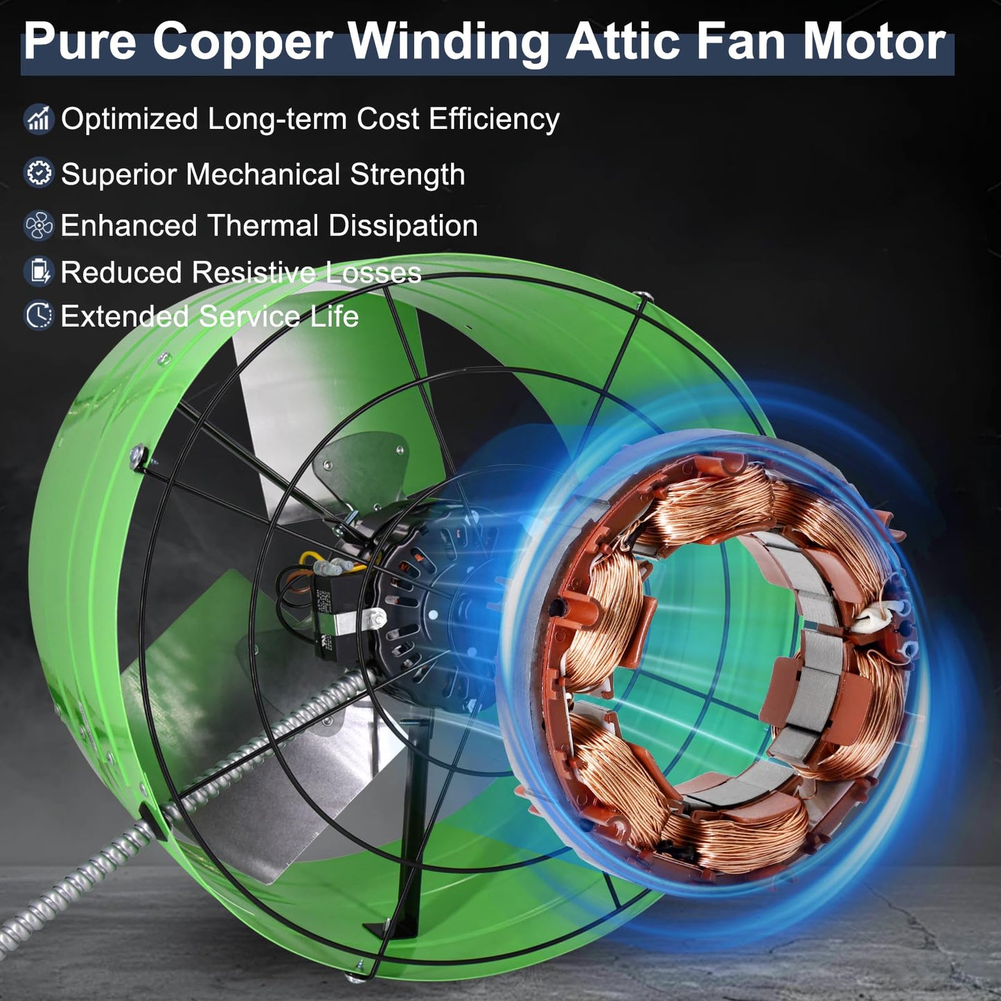 Criditpid 16 Inch Gable Mount Vent Attic Fan, Exhaust Ventilation Fan with Adjustable Thermostat for Gable, Home, Shed, Garage, Portable Building, 3.4A, 1075RPM, 2801CFM, Green.