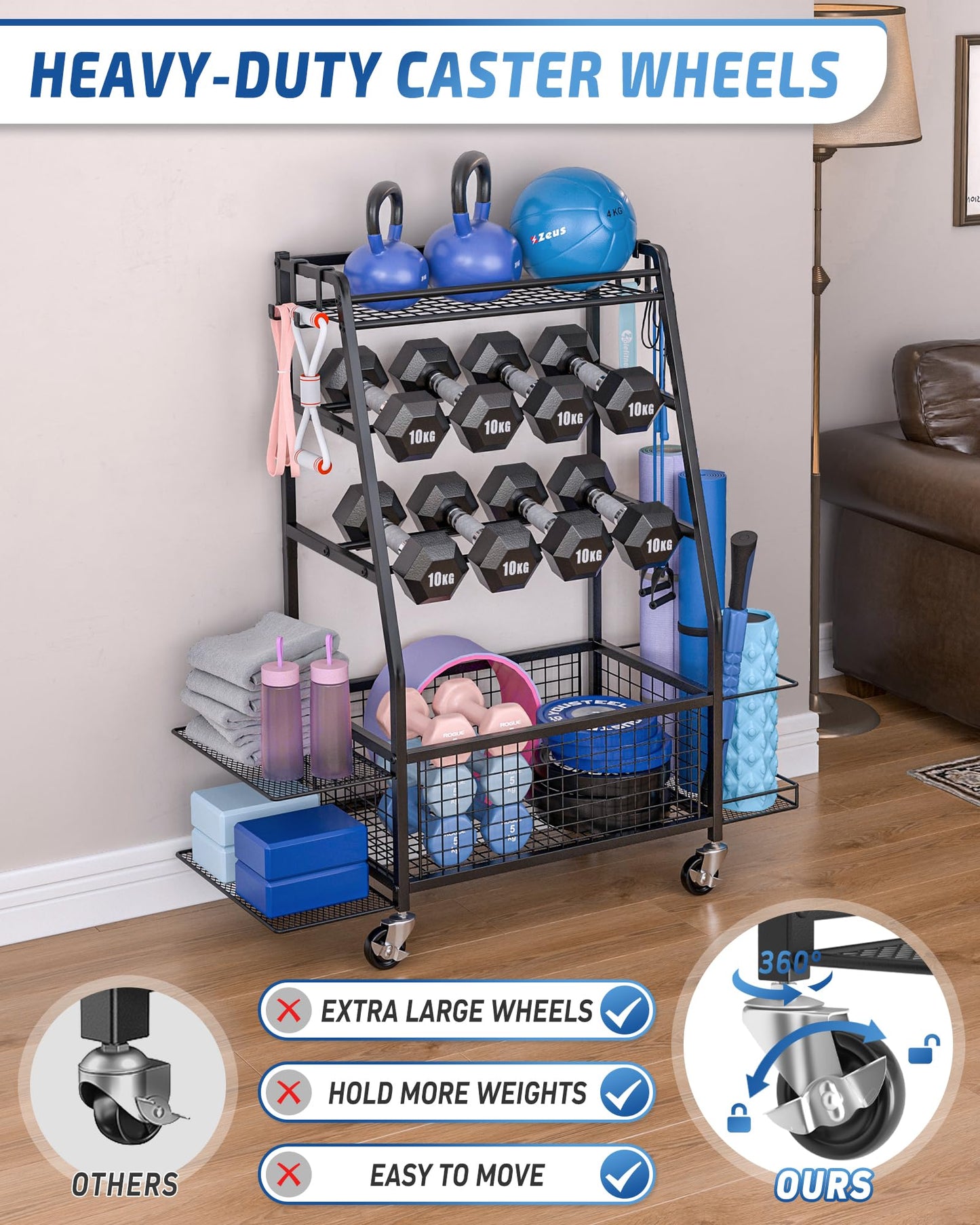Staransun Staransun Dumbbell Rack Stand - Weight Rack for Dumbbells - Home Gym Storage Rack with 4 Flexible Wheels - Weight Rack for Home Gym with Side Storage and Hooks