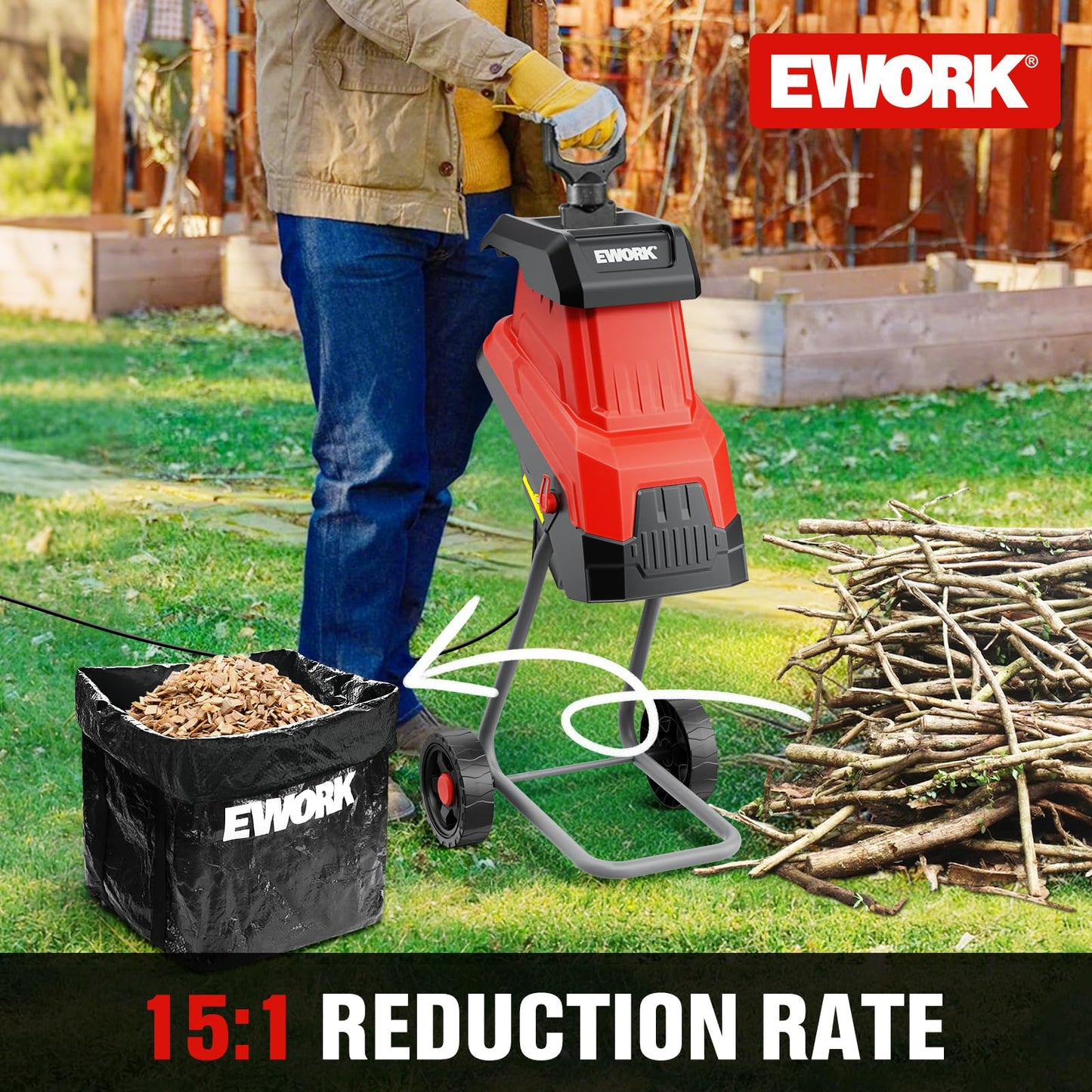 EWORK 15-Amp Electric Wood Chipper Shredder, 15:1 High Reduction Ratio with 4 Steel Blades Included, 1.77 Inch Capacity, Garden Mulcher for Composting Branches and Twigs