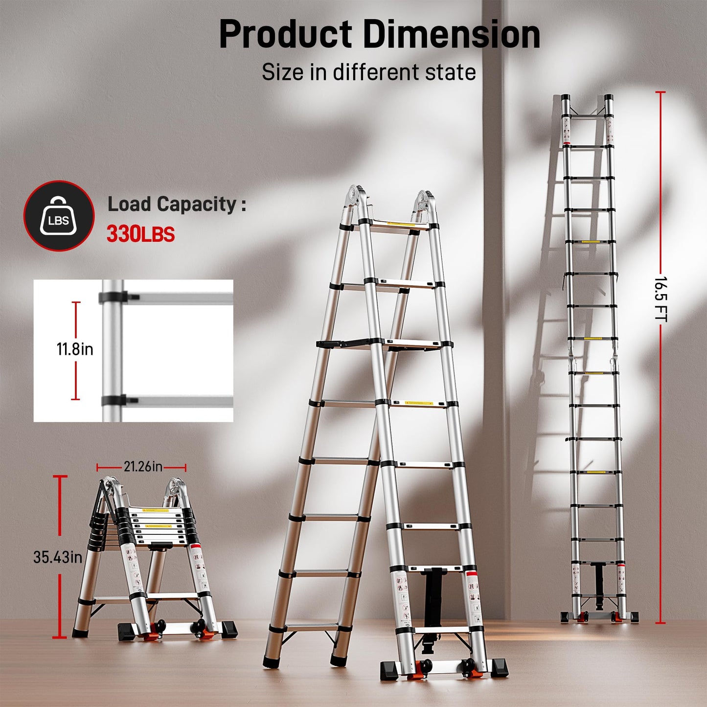 SEEKNEW 16.5 FT Telescoping Ladder, A Frame, Aluminum Extension Ladder, 330 lbs Capacity with Triangular Stabilizers, Portable Collapsible Ladder for Home, Roof and RV; Silver