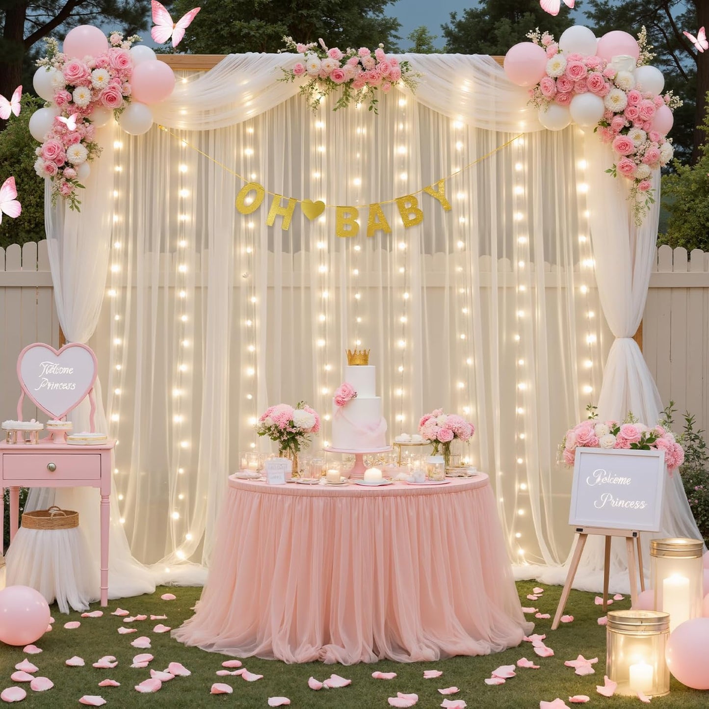 Suppromo 108ft Ivory Sheer Backdrop Curtains with Lights String for Parites Wedding Tulle Backdrop Curtains for Baby