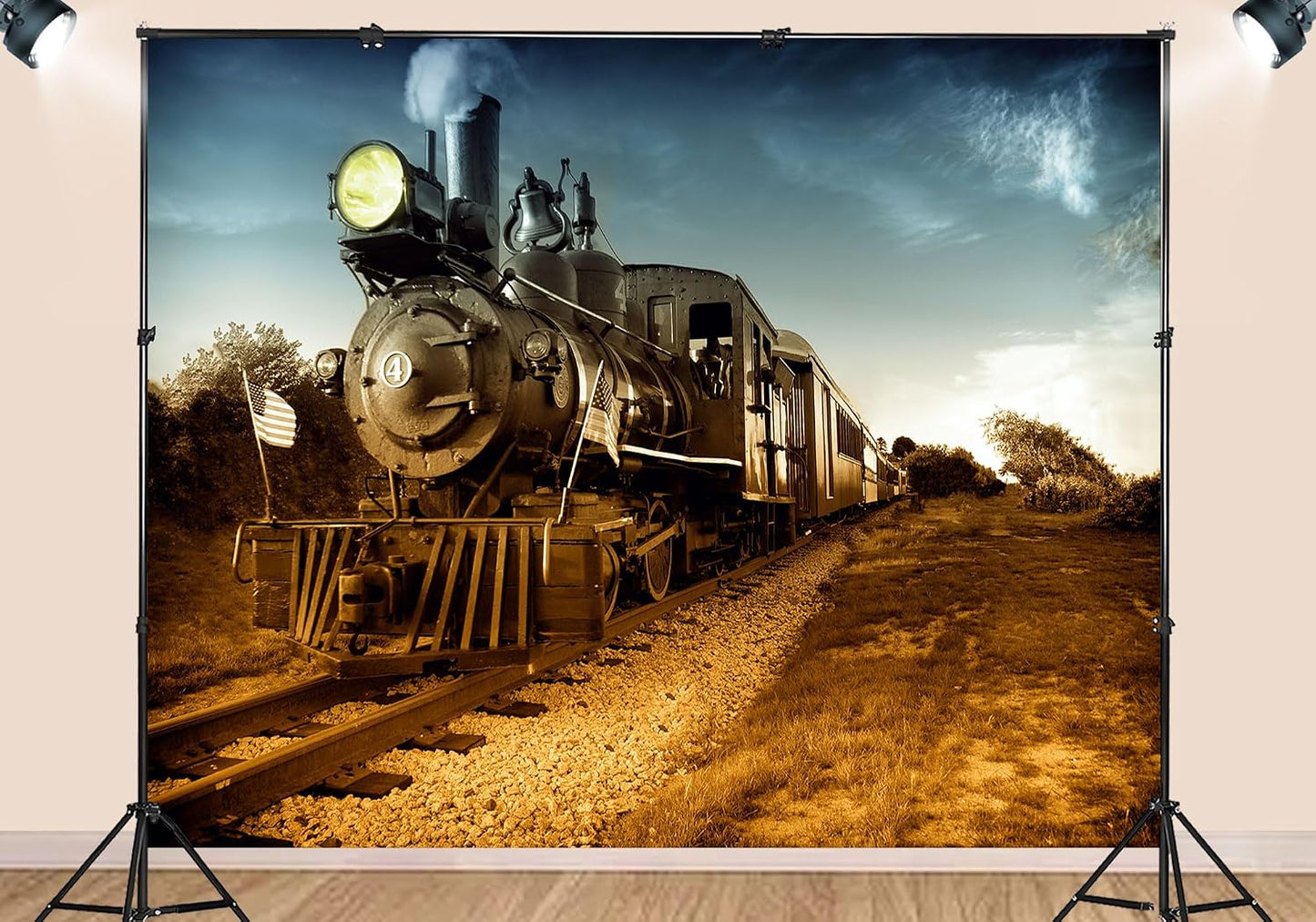 SHDASMIL 8X6ft Sunset Fabric Vintage Steam Locomotive Backdrop Train Tracks Background Western Cowboy Birthday Party