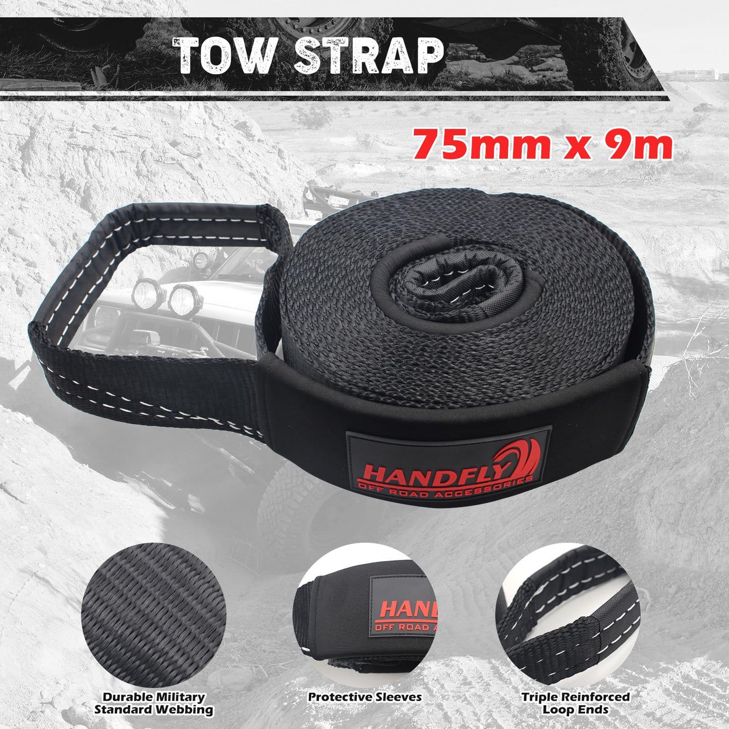 Handfly Offroad Recovery Kit, 3" x 30 ft Tow Recovery Strap, 1pcs Hitch Receiver, 2pcs 3/4" D-Ring Shackles with Storage Bag for Truck Jeep SUV ATV