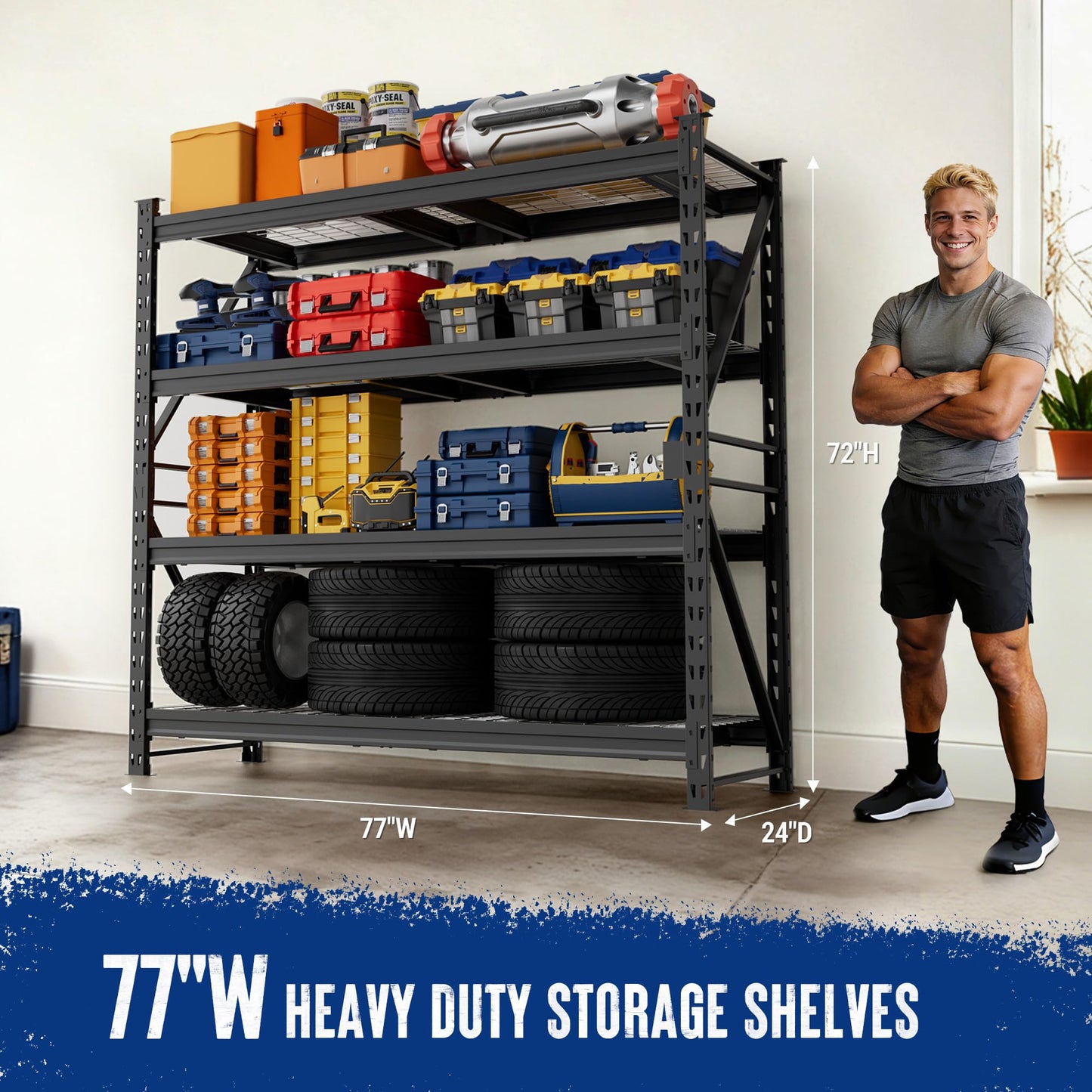 WORKPRO 77" Extra-Width Garage Shelving Units, 6400LBS Heavy Duty Utility Shelves, 4 Tier Industrial Adjustable Metal Storage Rack for Warehouse Shop Basement Organizers, 77”W x 24”D x 72”H