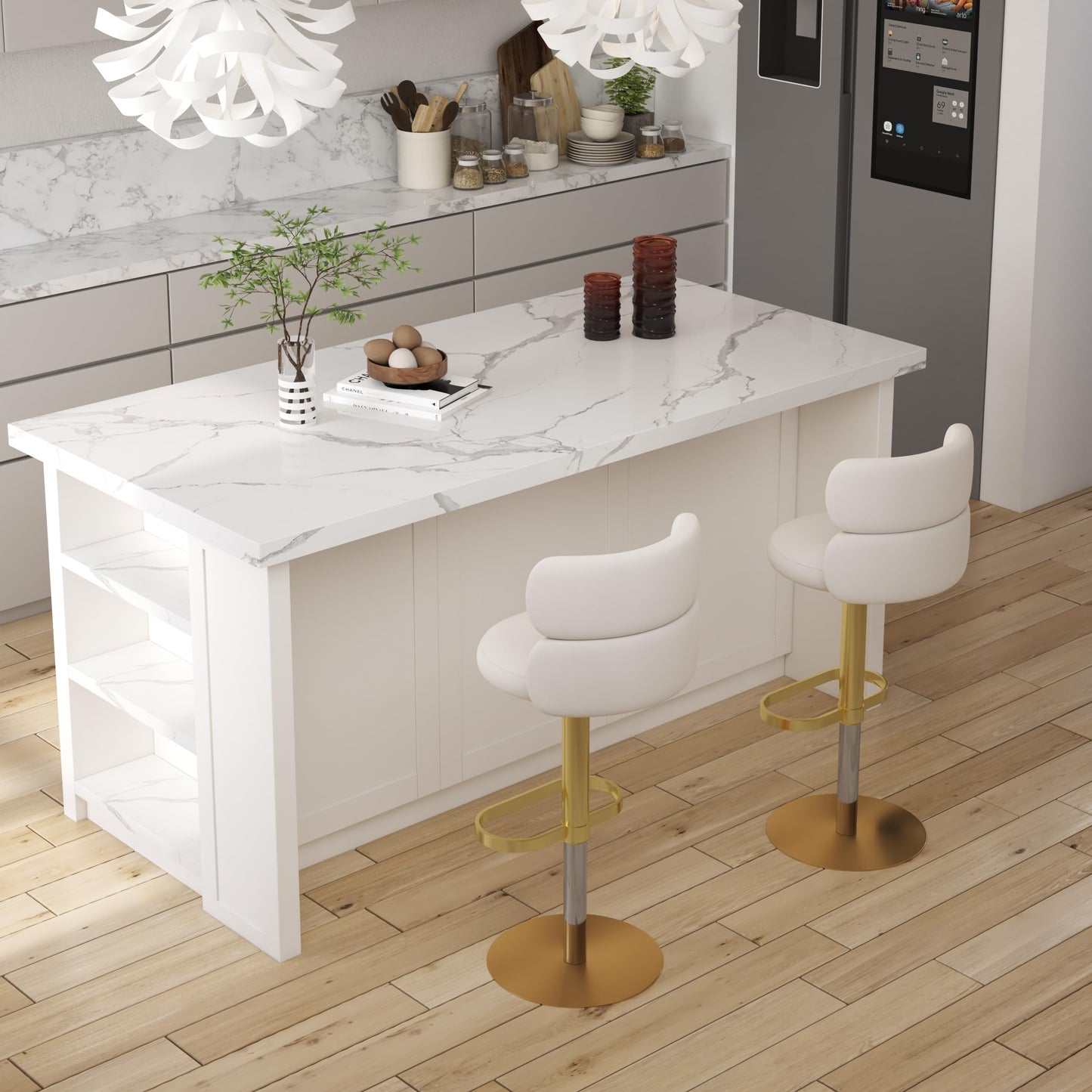 homary Kitchen Island with Stools,71" White Kitchen Island with Seating,Sintered Stone Top & Drawers,Freestanding Multifunctional Island Table with 2 Chairs