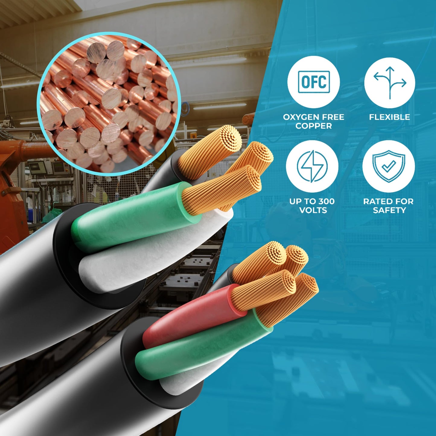 50FT 10/4 SOOW Portable Power Cable-10 Gauge 4 Conductor-10AWG 600V 30A Bulk Cable Water & Oil Resistant Electric Wire for Welder,Generator,Motor Lead,Circuits,EV Car Charger,Heat Pump,Light(ETL)