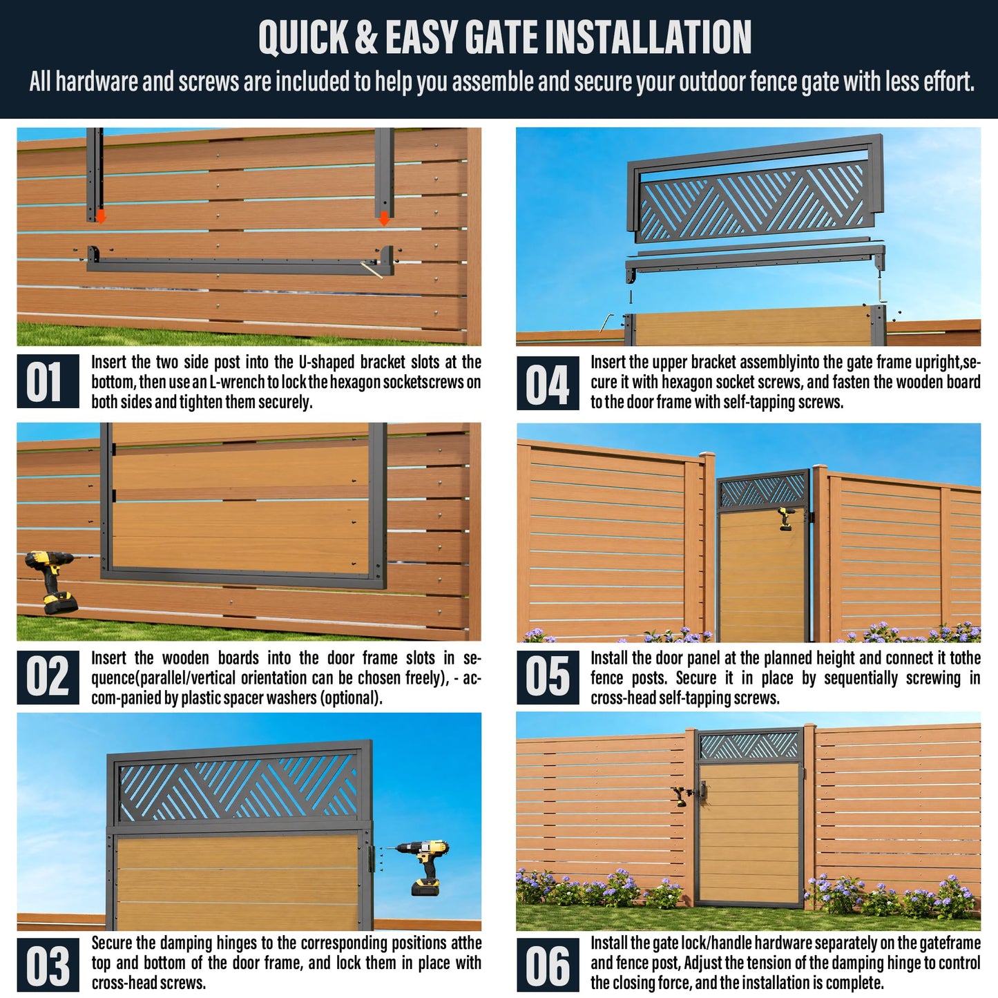 TORMIZ 4x6 FT (46.8"x70.8") 201 Stainless Steel Fence Gate Kit with Wood-Grain Aluminum Panels – Heavy Duty Anti-Sag Metal Gate Frame, Pre-Installed Left/Right Mount (All-in-One Kit, Panels Included)