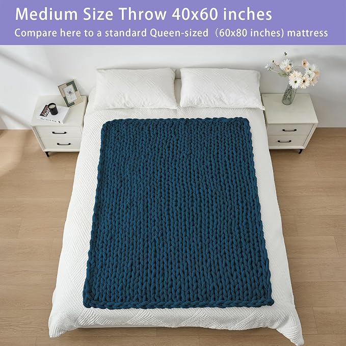 Bigacogo Chunky Knit Throw Blanket for Couch, 40x60 inches, 100% Hand Knitted with Thick Jumbo Chenille Yarn, Cozy Soft Large Rope Knot Cable Crochet Blankets for Sofa Bed Living Room, Deep Sea Blue