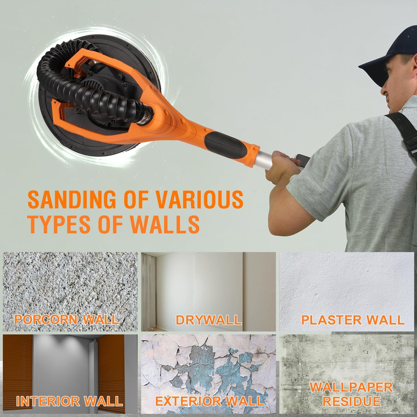 MAXXT Cordlees Drywall Sander with Vacuum Dust Collection, Brushless Electric Wall Sander with 7 Variable Speed Foldable Telescopic, Popcorn Ceiling Removal Tool, 2 Pack 4.0 Ah Battery and Charger