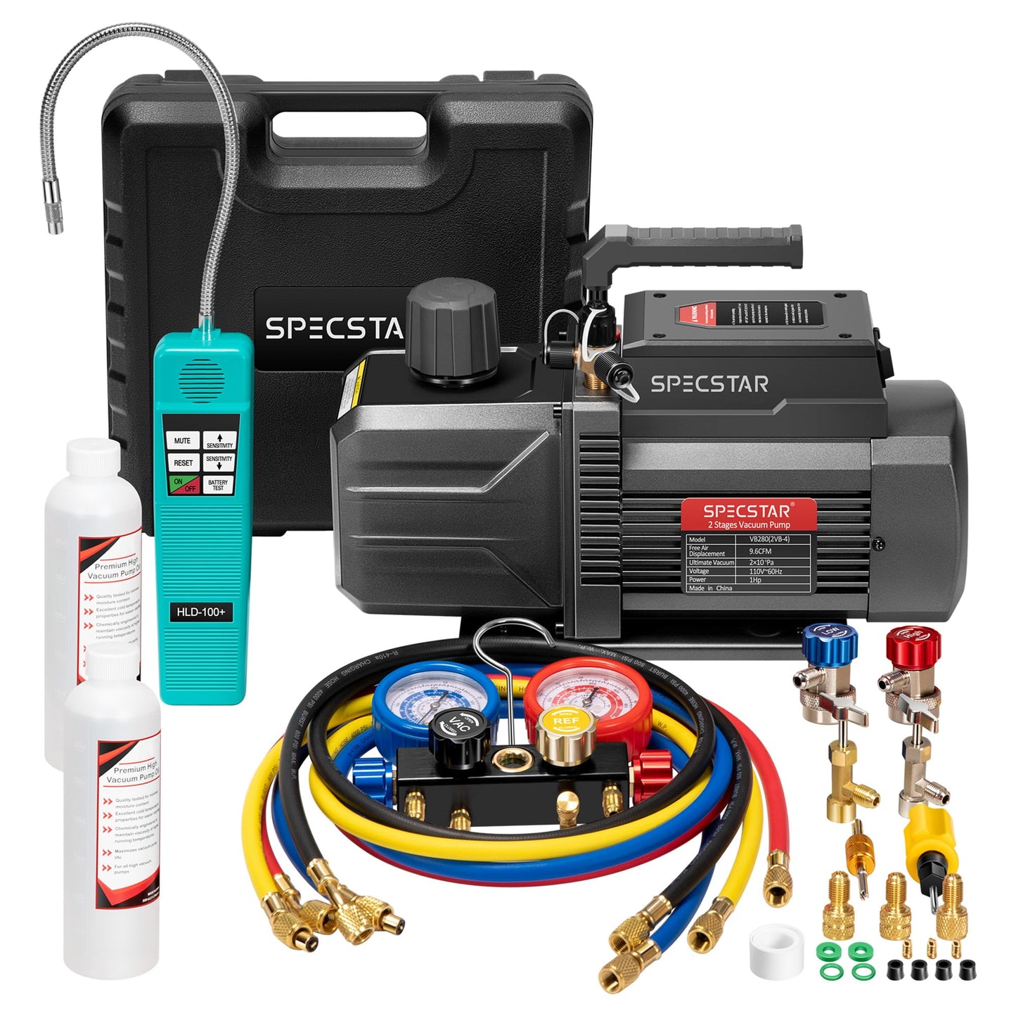 SPECSTAR 110V 1 HP 9.6CFM Dual Stage HVAC Vacuum Pump and 4 Way AC Manifold Gauge Set Kit with Leak Detector 5ft Hoses for R134a R12 R22 R502 R410a Air Conditioning Refrigeration Recharging