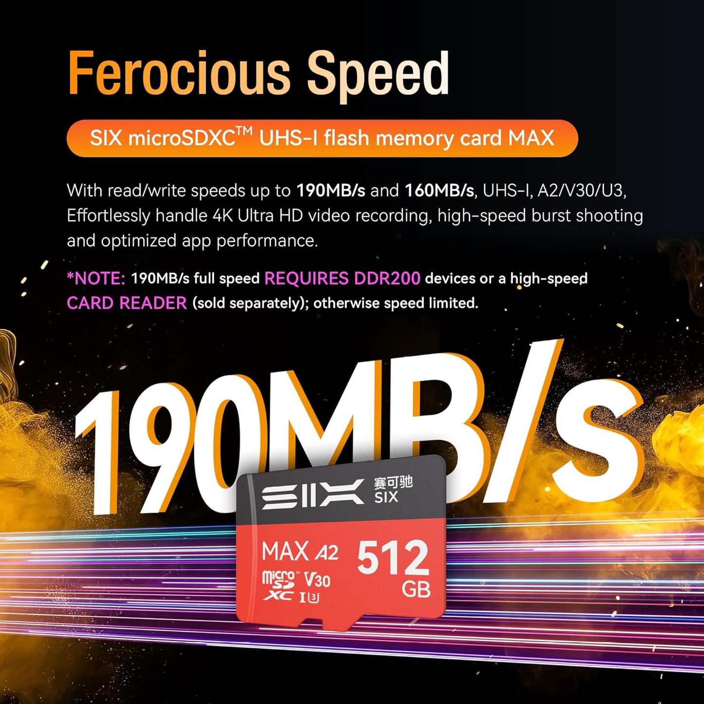 SIX M200 64GB 190MB/s 4K A2, U3, V30 64GB Micro SD Card Read Up to for UHD Continuous Recording - microSDXC Memory Card