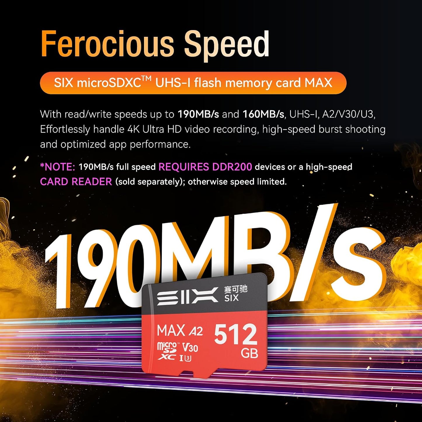 SIX M200 128GB 190MB/s 4K A2, U3, V30 128GB Micro SD Card Read Up to for UHD Continuous Recording - microSDXC Memory