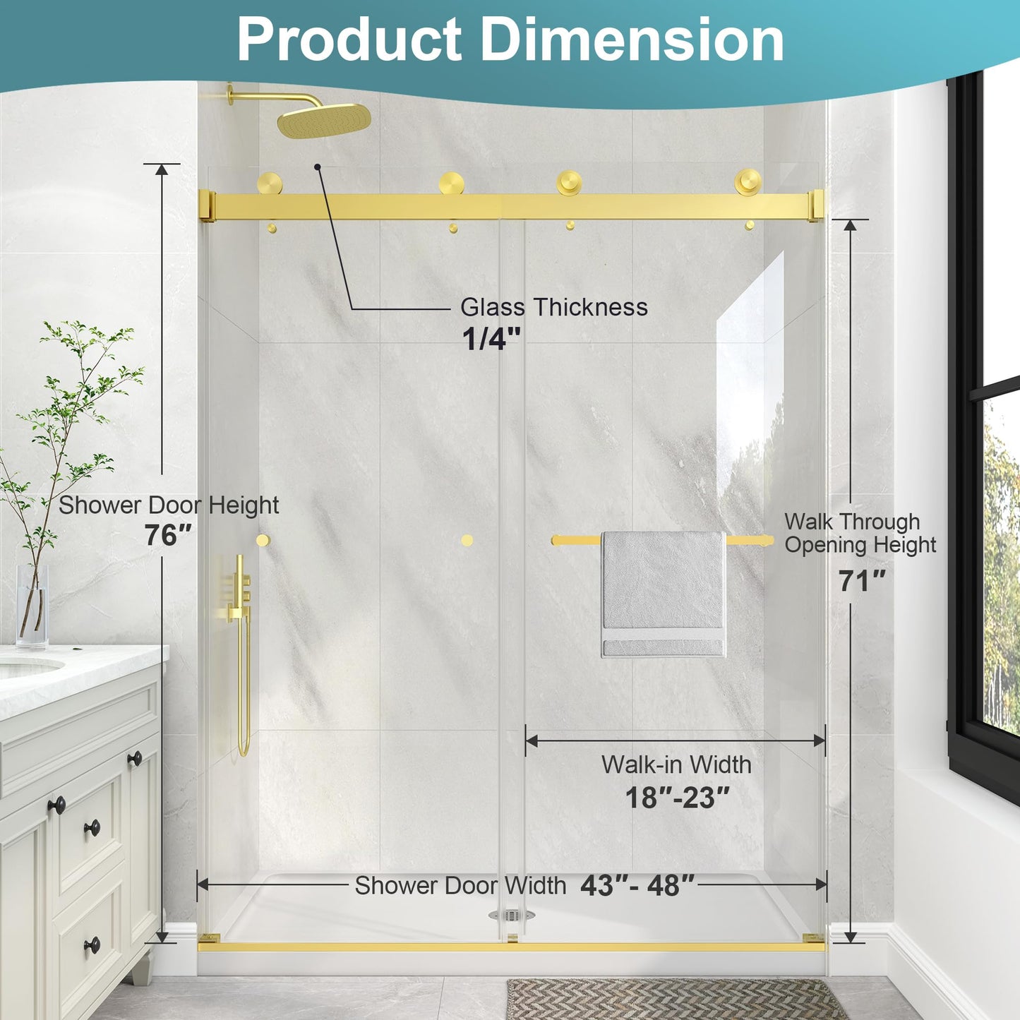 KPUY Frameless Shower Door, 43-48" W x 76" H Double Sliding Glass Shower Door, 1/4" (6mm) Thick Tempered Clear Glass with Explosion-Proof Film Nano Coating, Brushed Gold
