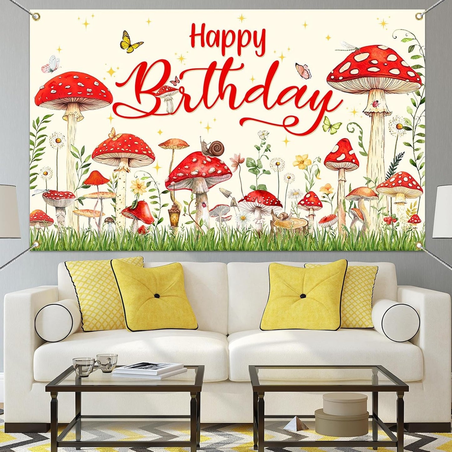 Mocsicka 70.8x43.3 inch) Mushroom Birthday Banner Backdrop Red Mushroom Birthday Party Banner Mushroom Birthday Party
