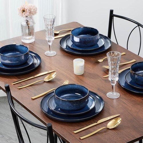 E-far Dinnerware Set - 12-Piece Stoneware Plates & Bowls for 4 | Microwave & Dishwasher Safe - Deep Sea Blue