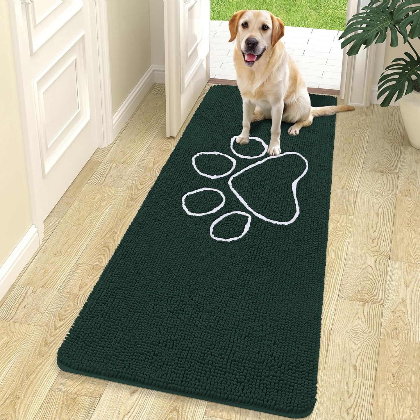 OLANLY Dog Door Mat - Absorbent Non-Slip Chenille for Muddy Paws | 70x24 Inches, Blackish Green