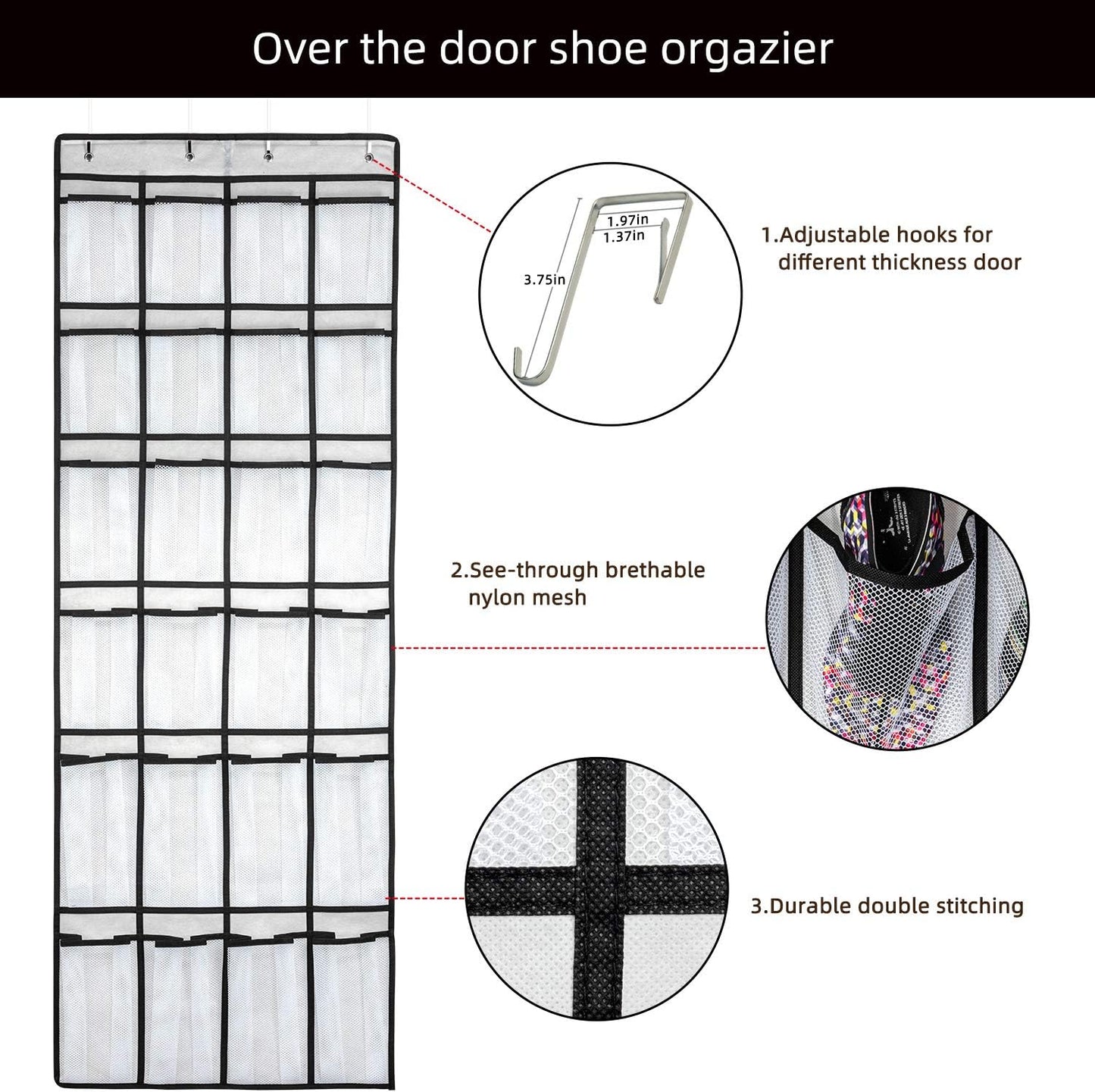 SAVERHO Over The Door Shoe Organizer - 24 Mesh Pockets for Efficient Storage | White Hanging Shoe Rack