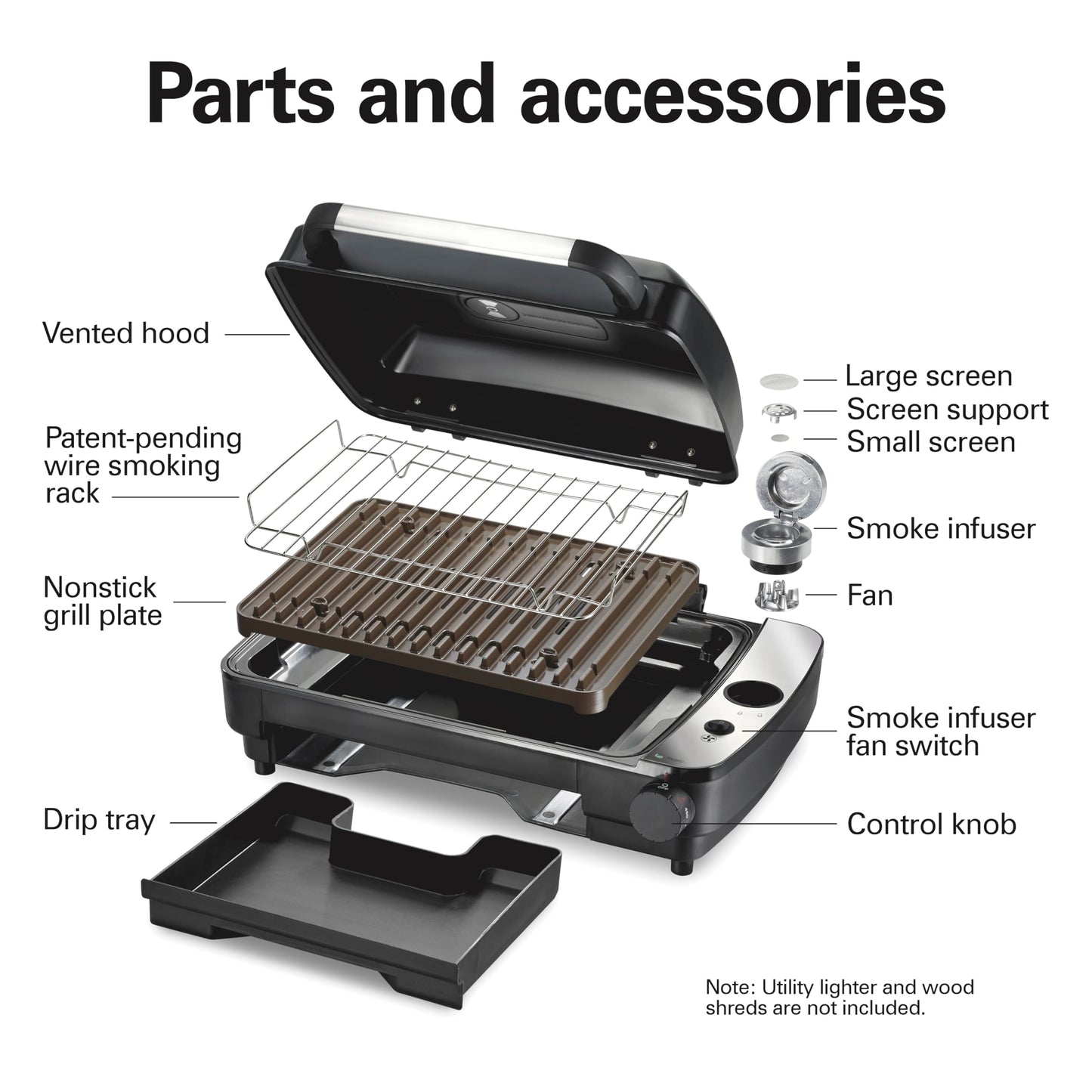 Hamilton Beach Electric Indoor Grill with Hot and Cold Smoke Infuser, 150°F - 450°F Temperature Control For Searing, Vented Hood and Fan, 116 Sq. In. Non-Stick Cooking Surface, Black (25375)