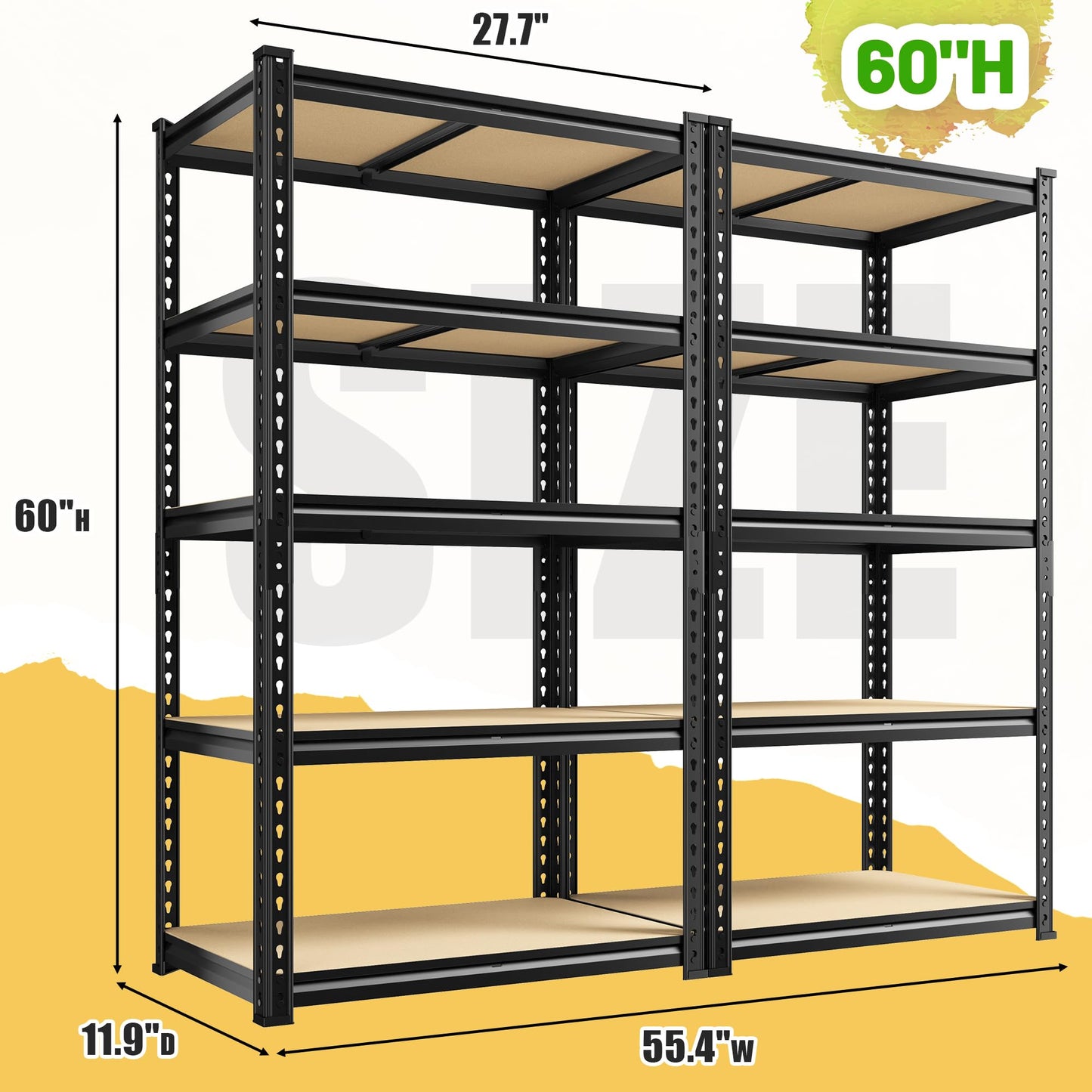 DurayLoly 2010LBS Garage Shelving Unit, Heavy Duty Storage Shelves, Adjustable 5 Tier Utility Metal Shelf for Pantry Kitchen Basement Commercial Use, 11.9" D×27.7" W×60" H, 2 Pack