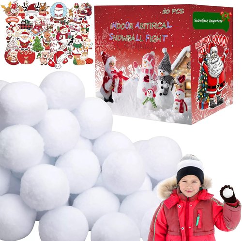 Fake Snowballs - 50 Pcs Soft Artificial Snowballs for Kids | Indoor & Outdoor Fun with Christmas Stickers