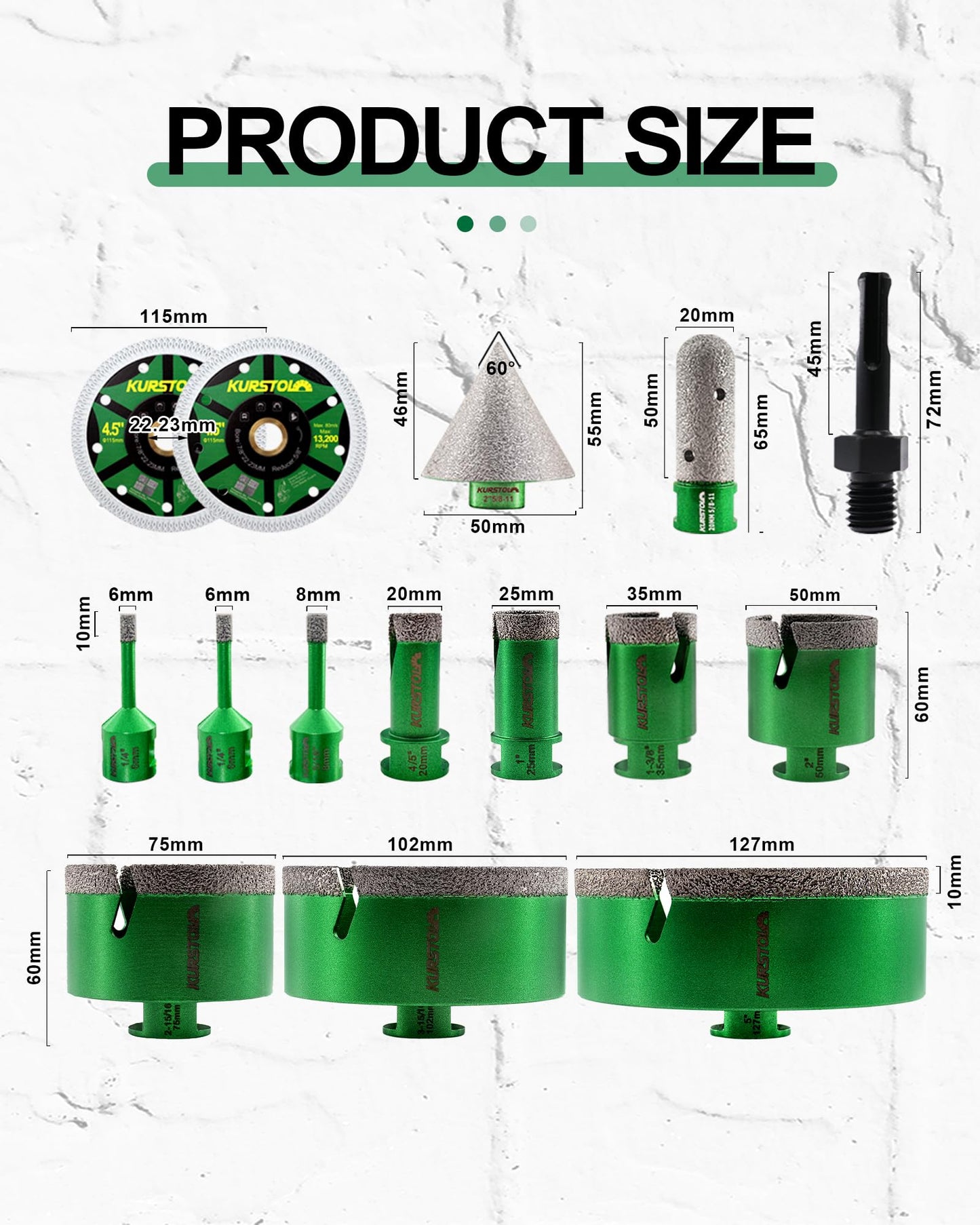 Tile Hole Saw Kit 15pcs - KURSTOL Diamond Core Drill Bits 6/6/8/20/25/35/50/75/102/127MM+4/5'' Finger Bit+2'' Chamfer Bit+2pcs 4-1/2'' Saw Blade+SDS for Tile Porcelain Ceramic Granite Marble