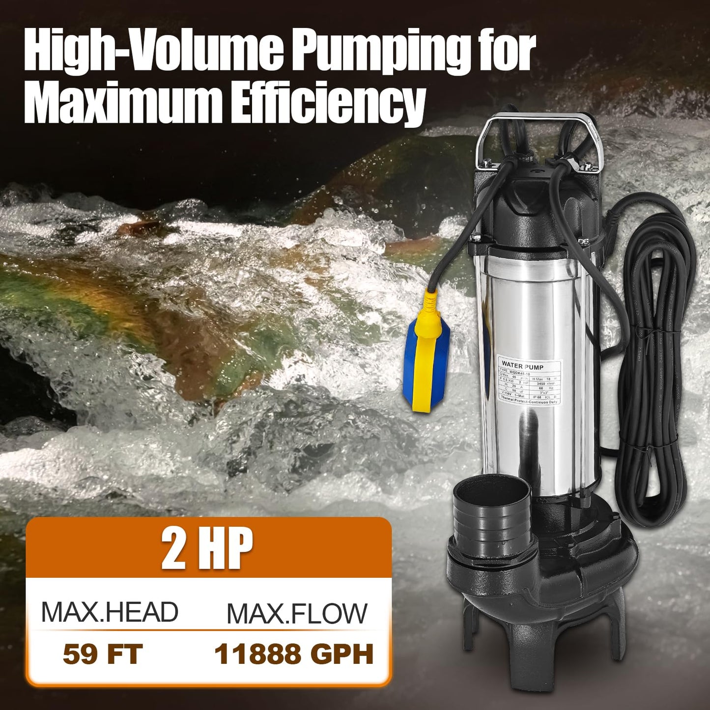 Upgraded 12PN 2hp Submersible Sump Pump With Float Switch Replacement for 12-PN 30391 Pond Waterfall Pump, Cast Iron and Stainless Steel, 11888 GPH, 3" Discharge, H Max 59ft