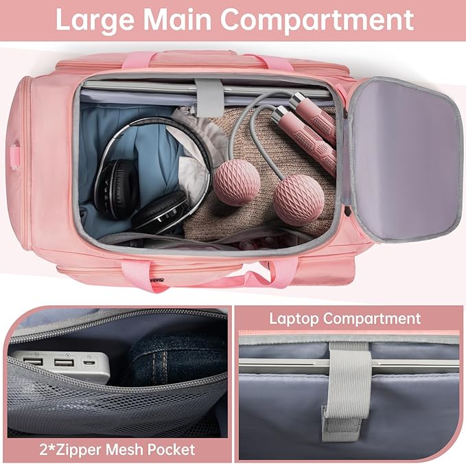 Gym Bag for Women & Men, Sports Travel Duffle Bag with Shoe Compartment, Anti-Theft Carry On Weekender Bag, Water Resistant Overnight Backpack for Airplane, Gym, Travel (Pink)