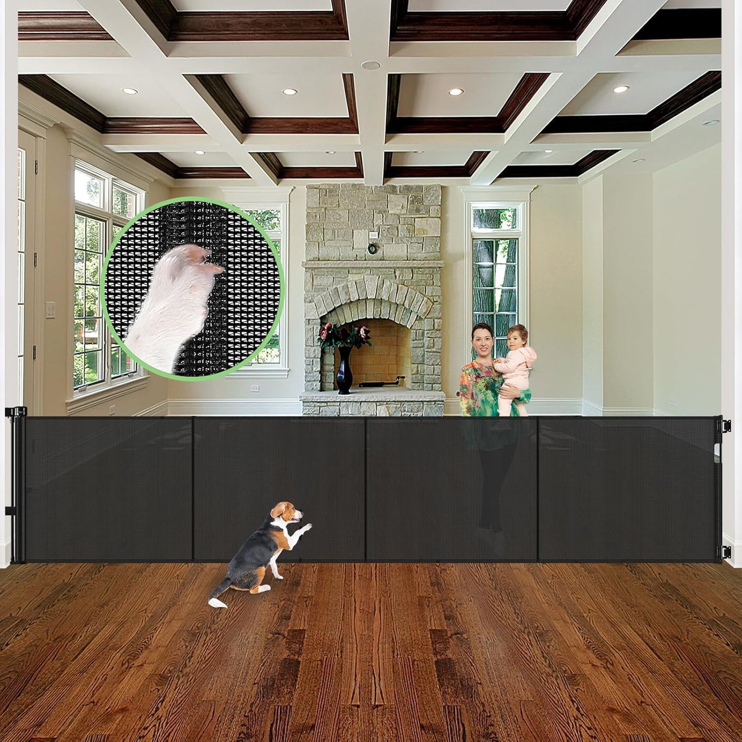 Reinforced 155" Extra Wide Baby Gate Retractable Dog Gate with Support Rods – Prevent Crawling Under, 13ft Retractable Baby Gates Long Gates for Kids or Pets Retractable Gate, Black