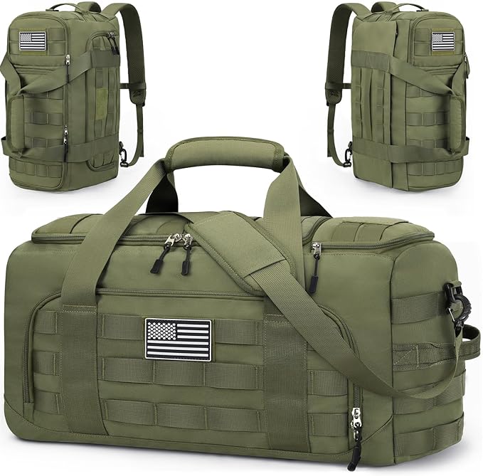 ZOMFELT Tactical Gym Bag for Men, 3-in-1 Travel Duffle Bag with Removable Dividers & Innovative Shoe Compartment, Waterproof MOLLE Travel Backpack, Airplane Carry-On Approved Workout, Outdoor, Green