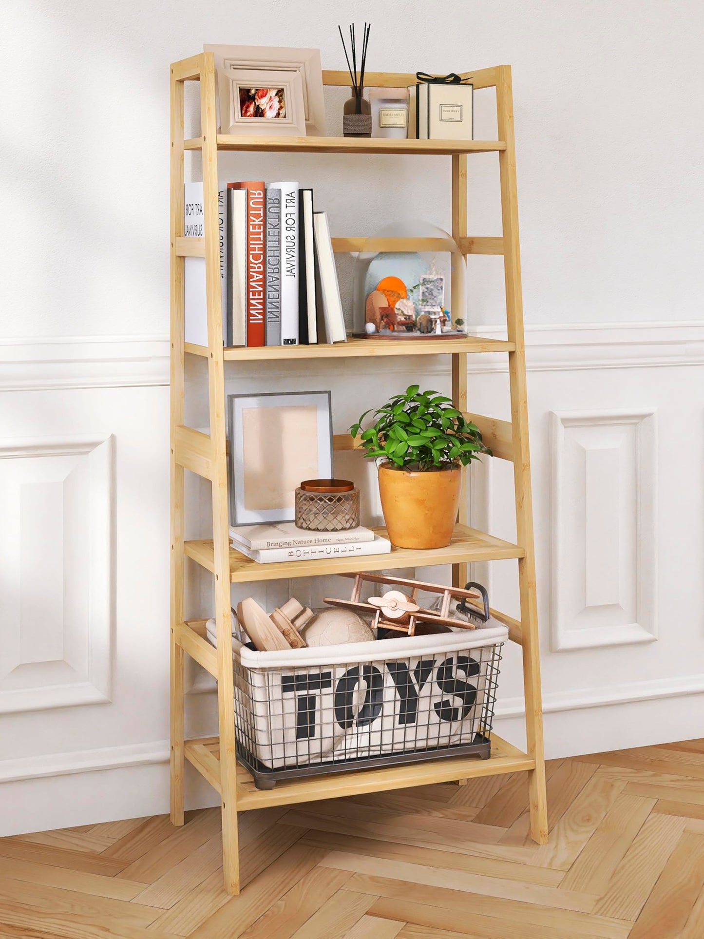 HITNET Bamboo Ladder Bookshelf and Bathroom Wall Cabinet, Over The Toilet Hanging Medicine Cabinet Floor Standing Leaning Shelf 4 Tier, Natural