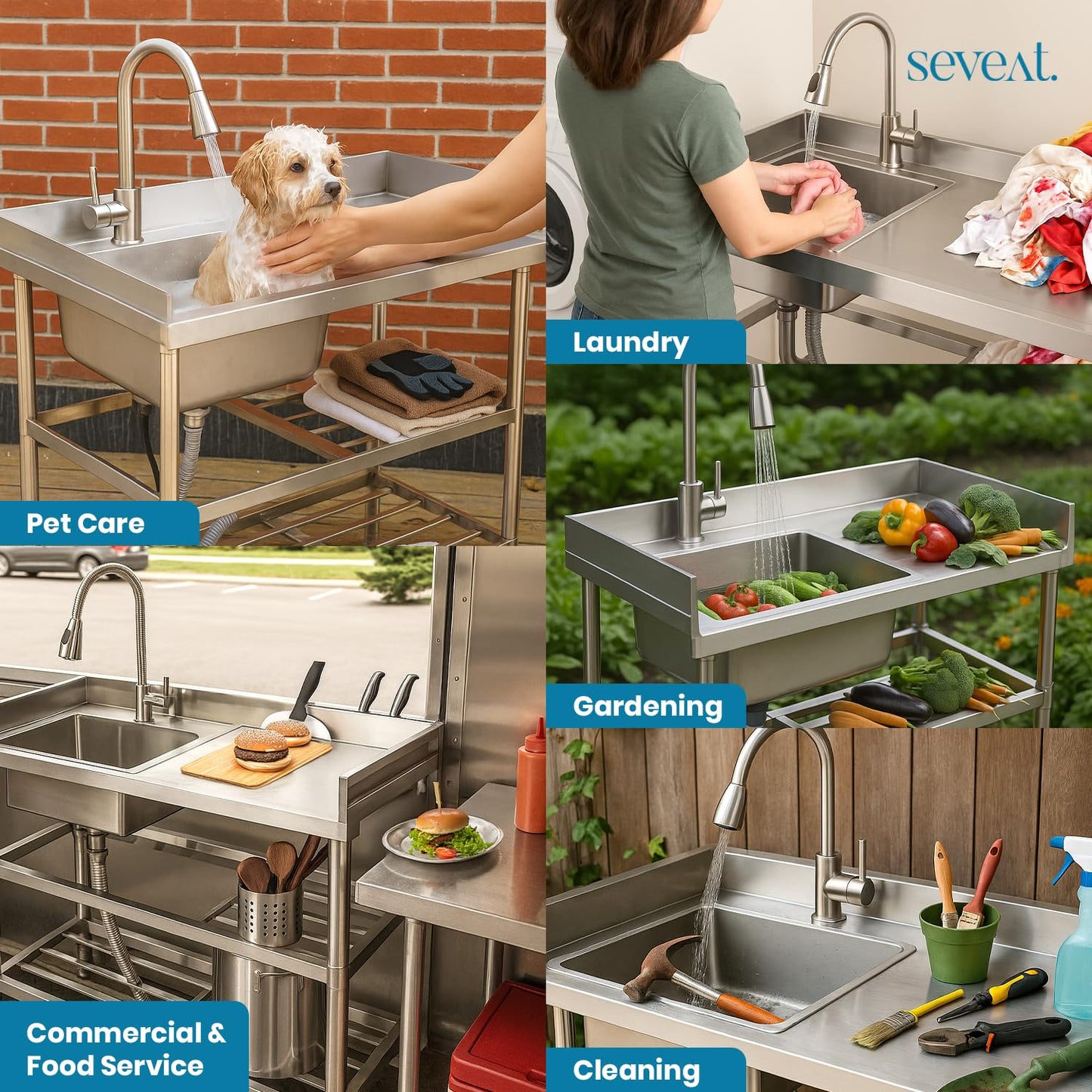 Seveat Freestanding Stainless Steel Utility Sink with Pull-Out Faucet | Laundry Tub with Bottom Shelf | Heavy-Duty for Garage, Basement, Mudroom, Workshop & Outdoor Use (Silver)