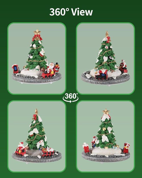 iStatue Rotating Musical Christmas Tree Figurine - 6” Tall Resin Holiday Decoration with Santa Train, Plays “Merry Christmas”