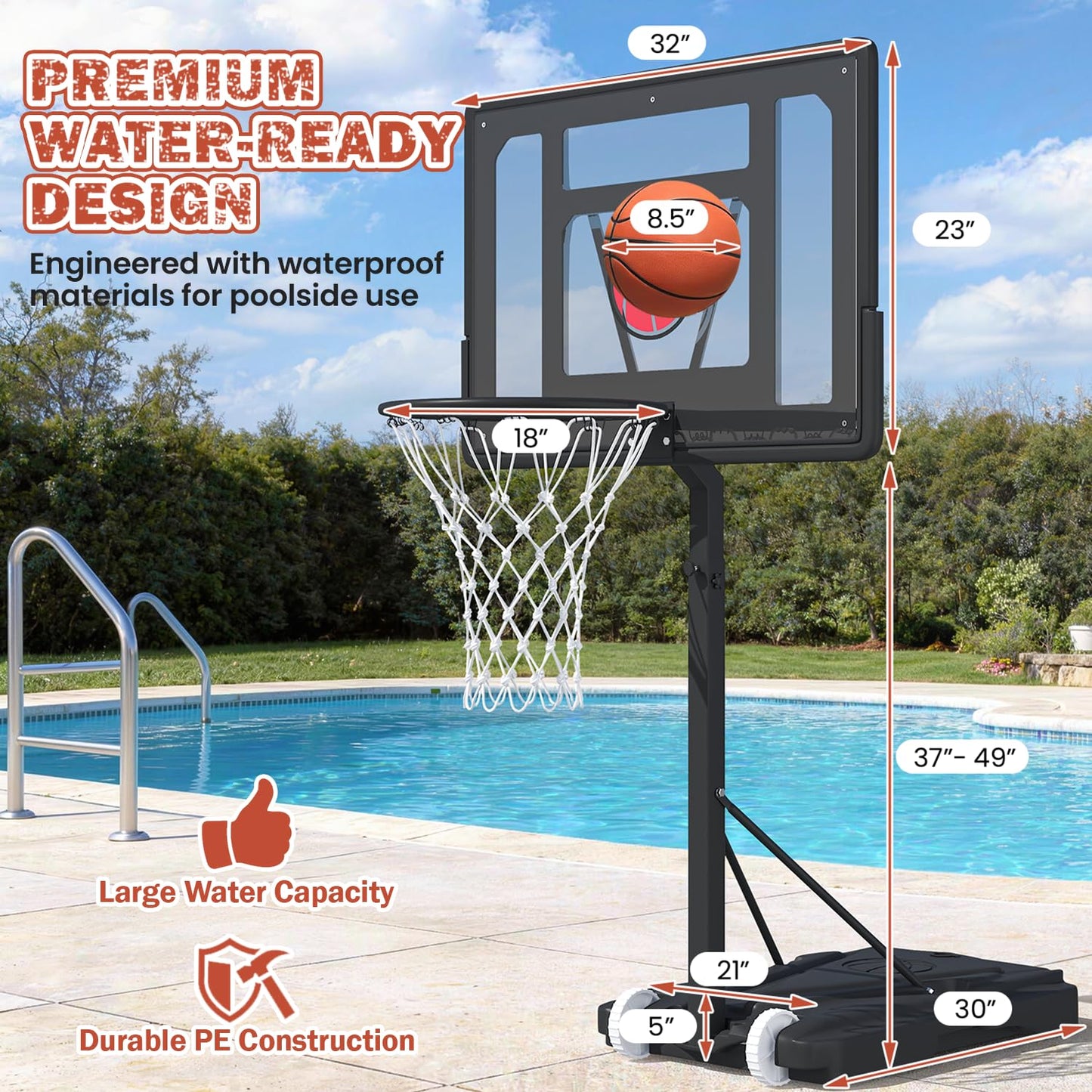 Danrelax 32“x23” Pool Basketball Hoop, 3.1FT-4.1FT Height Adjustable Poolside Basketball Hoop,Include Air Pump,Basketball, Made for Teens, Adults, Black
