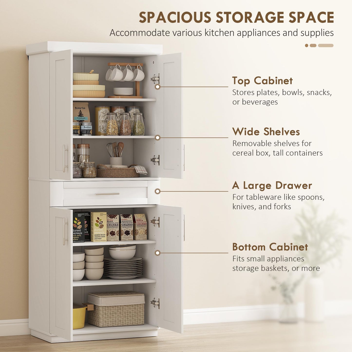 HOMCOM 72" Kitchen Pantry Cabinet, Freestanding Tall Storage Cabinet with 4 Doors, Drawer and 3 Adjustable Shelves for Dining Room, White