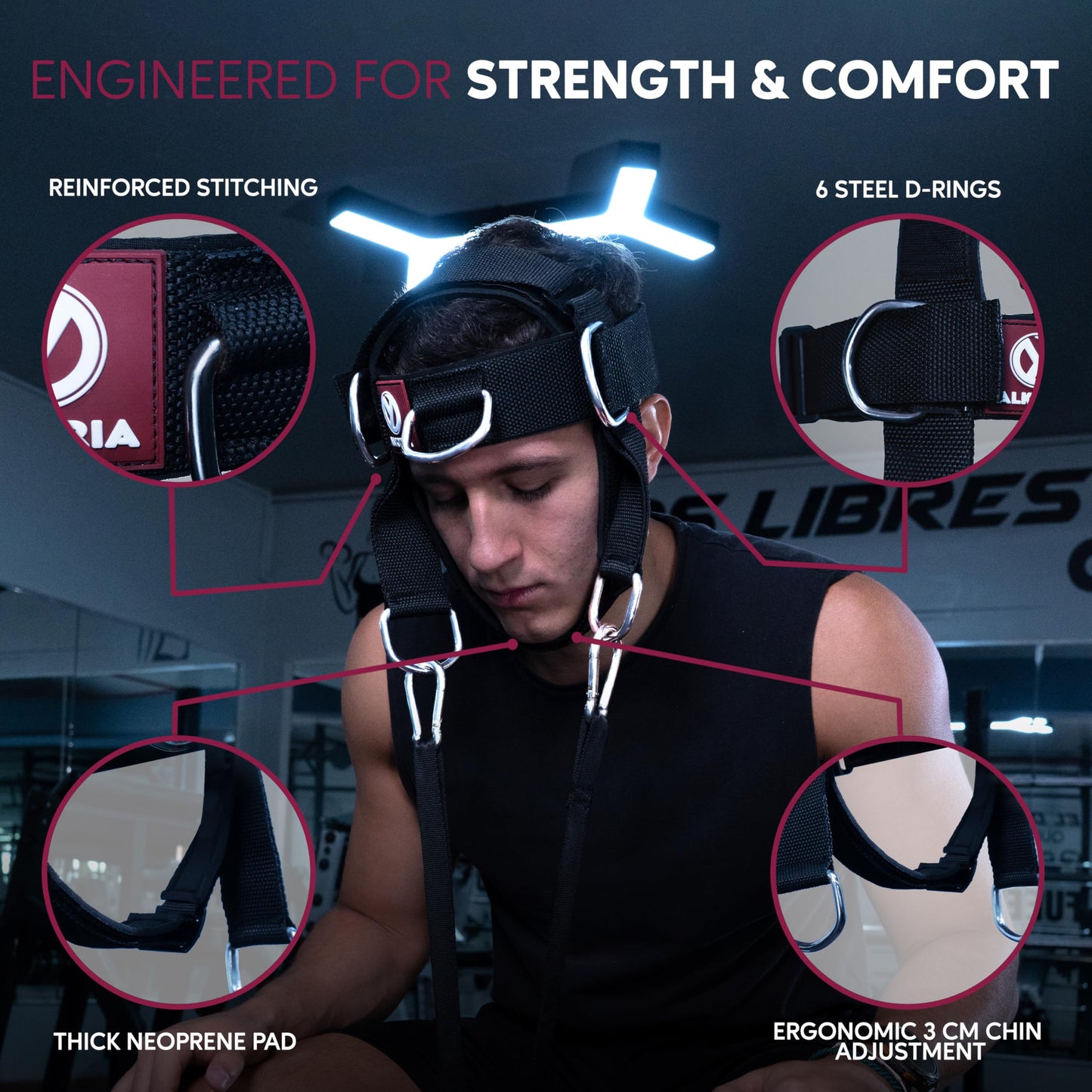 ALKYRIA Neck Harness Weight Lifting Trainer - Adjustable Neck Exerciser & Strengthener for Gym, Boxing, and Home Training - Padded Head Harness with Bonus Jaw Exerciser & Mesh Bag