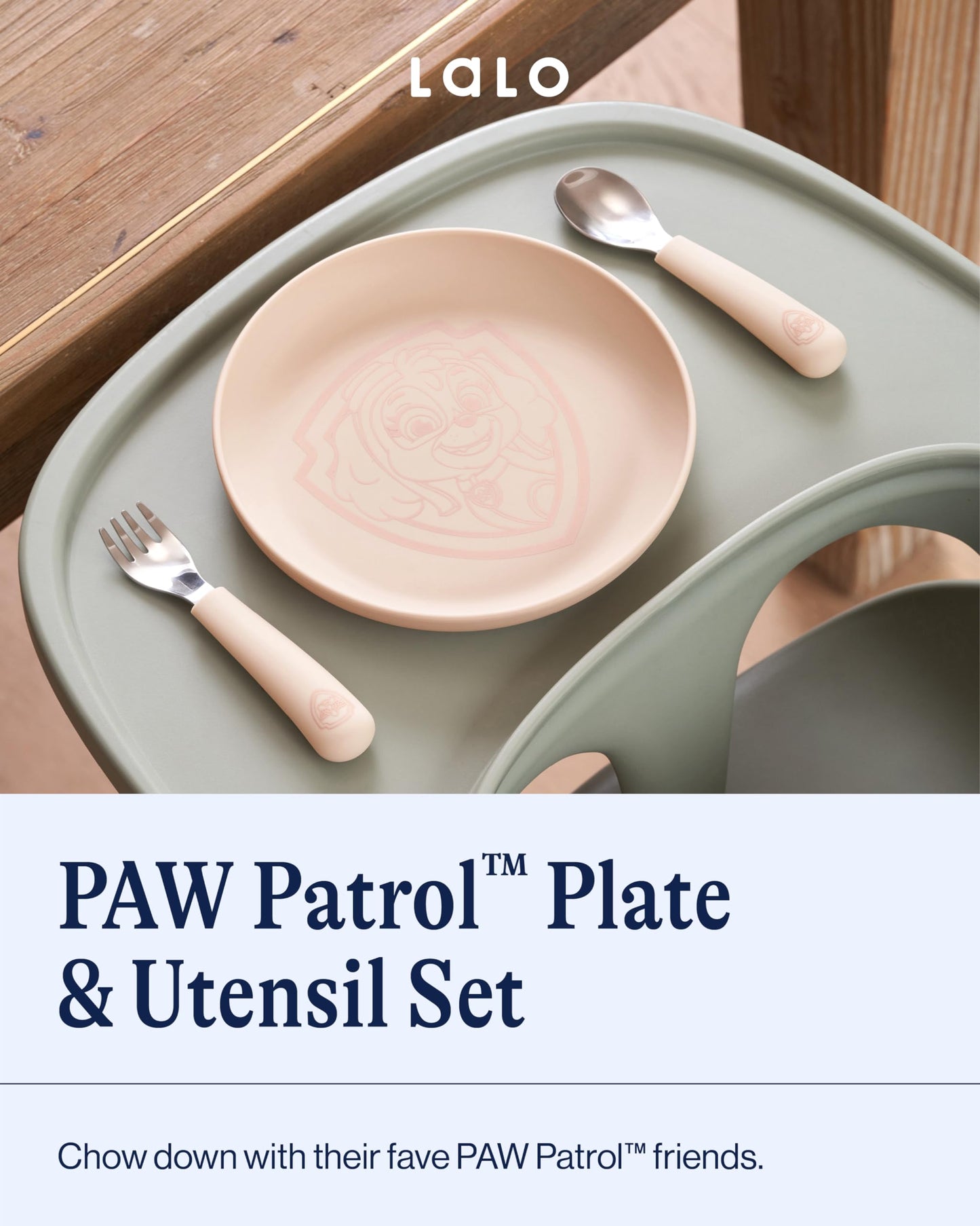 Lalo PAW Patrol Plate & Utensil Set For Kids - Dishwasher Safe Toddler Dinnerware Set - BPA Free for Over 12 Months - Includes Plate, Ergonomic Spoon and Fork - 3 Pieces - Skye