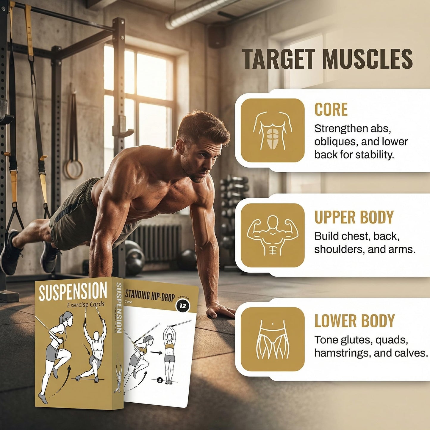 ELAORY Bodyweight & Dumbbell & Suspension1 Workout Cards - 150 Large 5"x3.5" Exercise Cards with 36 Strength Moves, Home & Gym Fitness Cards for Men & Women, Beginner Fitness Guide