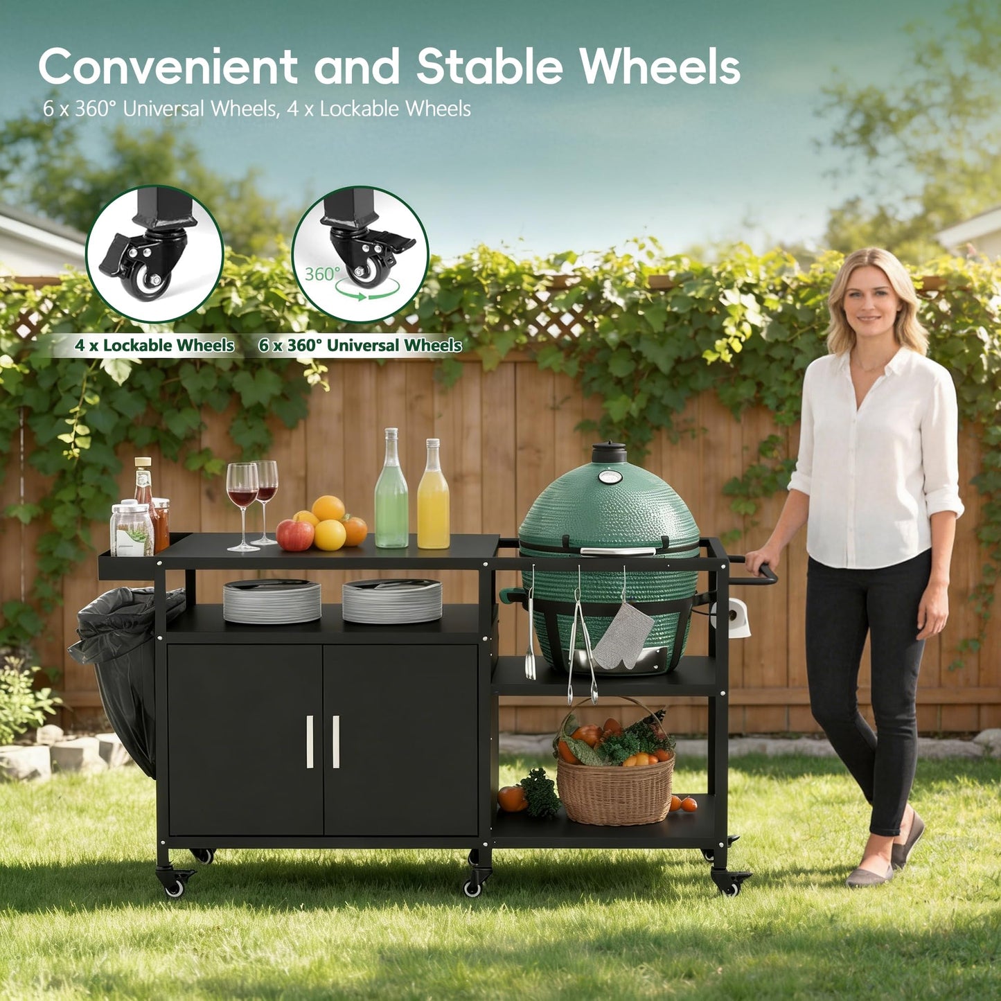 Mobile Grill Cart Compatible with Big Green Egg, Heavy Duty Metal Grill Table for Large/Medium Ceramic Charcoal Grills, Outdoor Kitchen Island Prep Station with Storage Cabinet, 6 Wheels