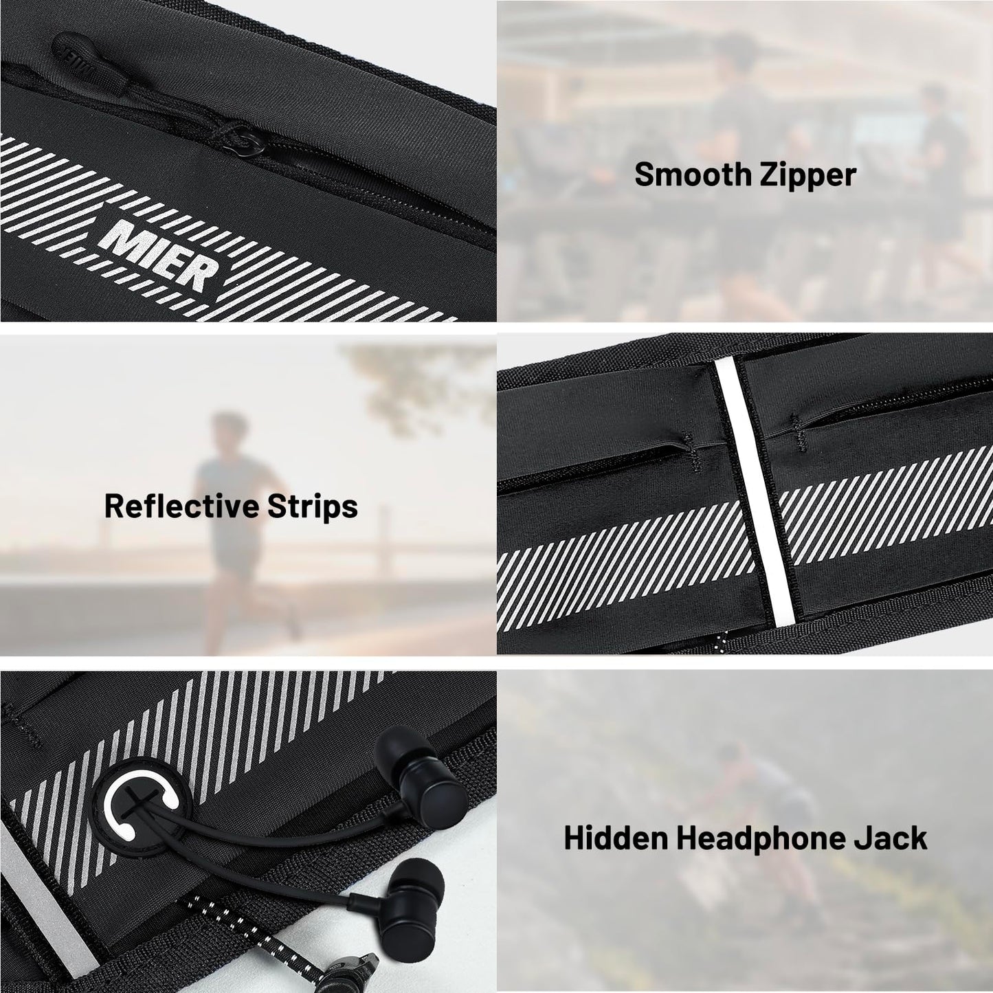 MIER Running Belt for Men Women Slim Fanny Pack Phone Holder Jogging Pouch with Marathon Bib Clip Runner Waist Pack for Walking Cycling for Keys, Cards & Essentials (Black)