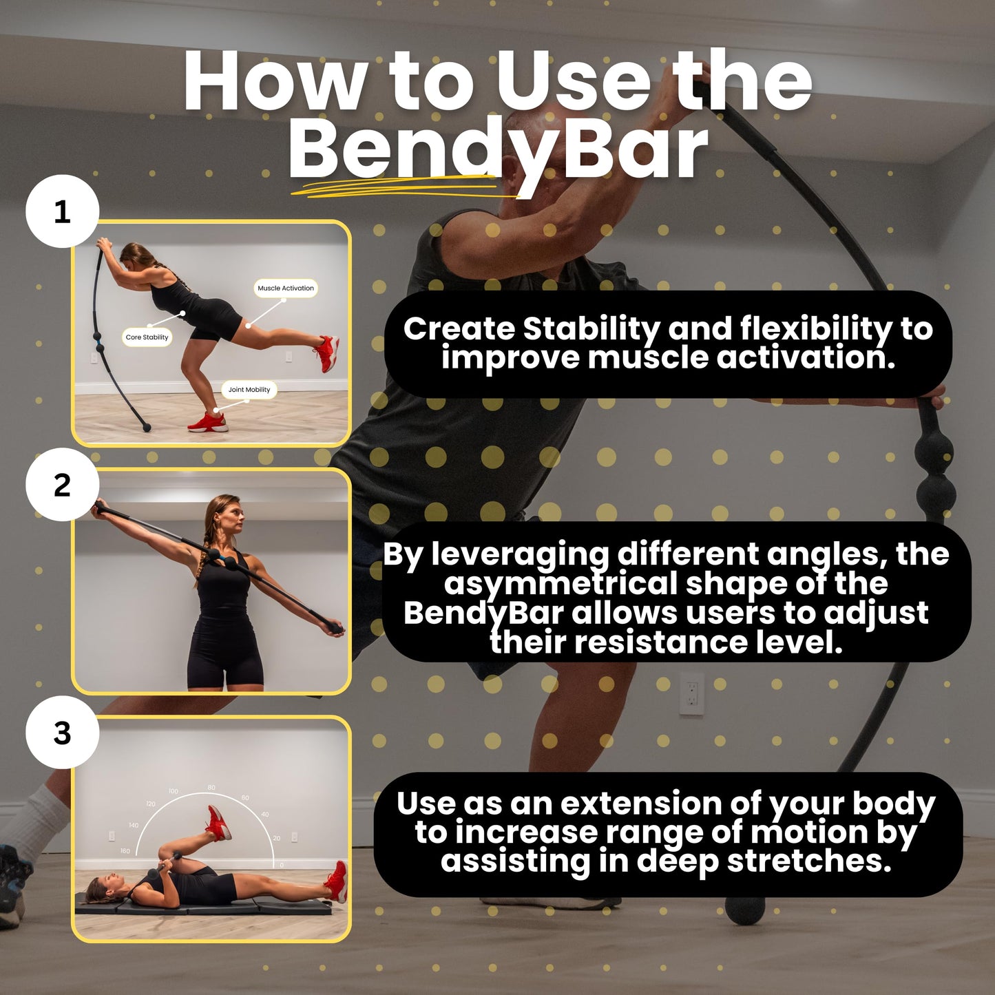 BENDYFIT BendyBar Flexible Weighted Resistance Bar to Improve Joint Mobility, Core Strength & Balance, Adjustable Height 57-63" Medium Resistance (Up to 50 lbs)