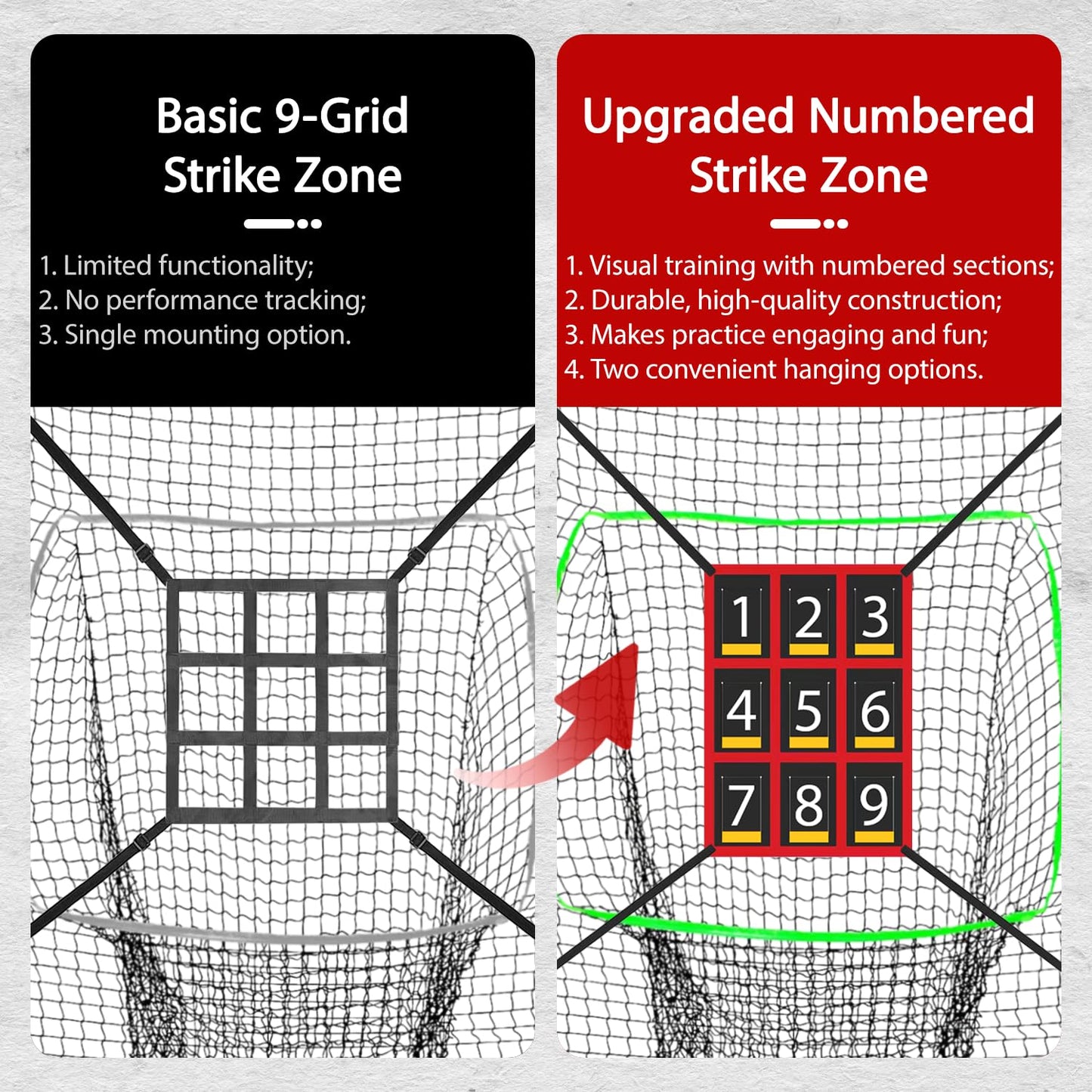 FILOMAX 7x7 ft Baseball & Softball Practice Net with 9 Numbered Strike Zone | PRO Training Net for Hitting, Pitching & Batting | with Carry Bag, Bow Frame for All Ages & Skills