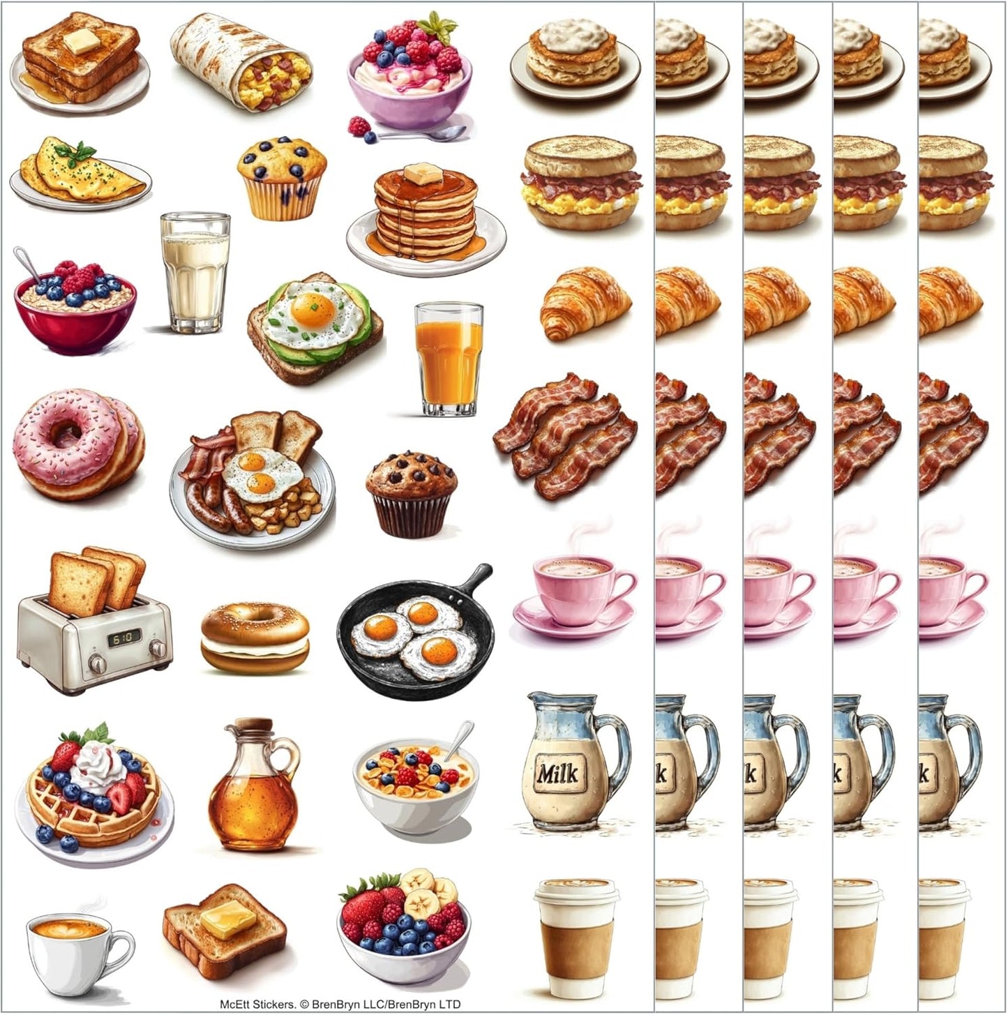McEtt 5 Pack (145 Breakfast Food Sticker Sheets Aesthetic Illustrated Breakfast & Brunch Food Stickers Sheet Pieces)