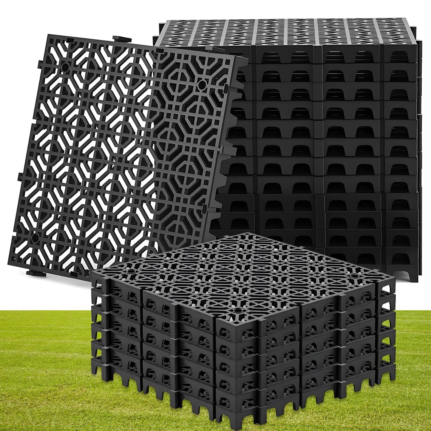 Wesnoy 20 Pcs 15.7 x 15.7 in Heavy Duty Ground Protection Mats Drive on Lawn Grid, Heavyweight Drain Interlocking Non-Slip Floor Mat, 6613 lb Load for Gravel Grid Permeable Pavers (Black)