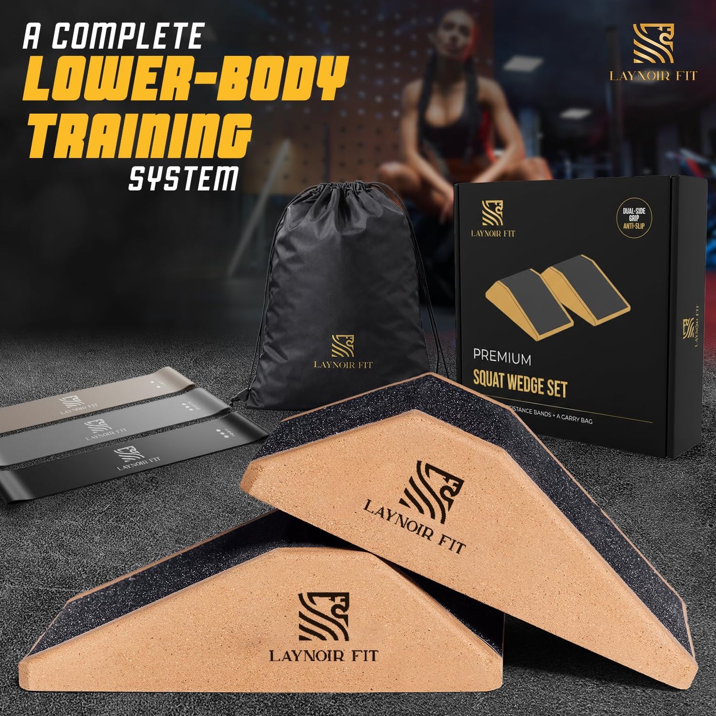LAYNOIR Fit Anti-Slip Squat Wedge Block (2-Pack) – Heel Elevated Squats, 20° & 40° Cork Wedges for Weightlifting, Mobility & Knee Support – Includes Resistance Bands & Carry Bag