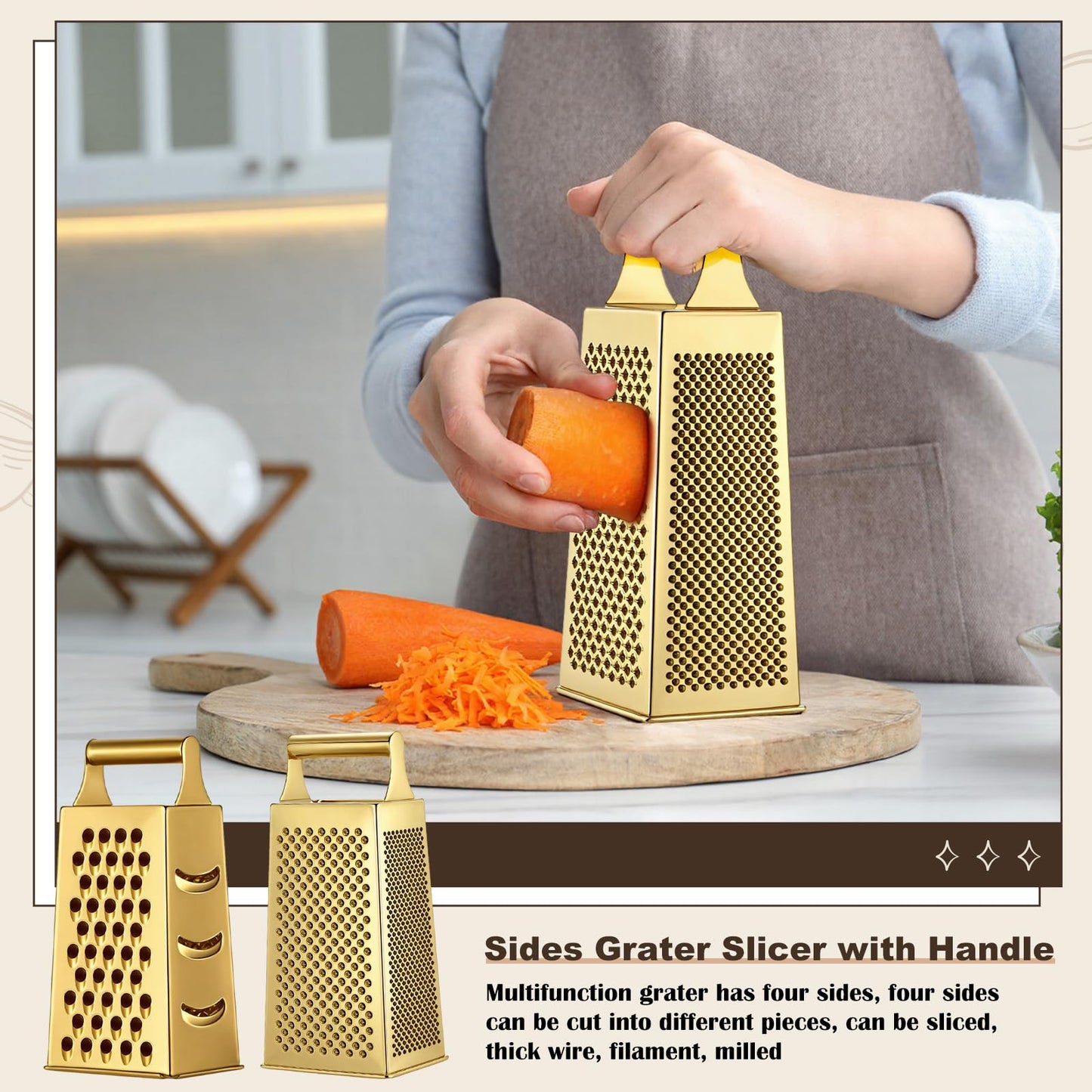 Baderke 6 Pcs Gold Kitchen Accessories Set Includes 3 Gold Mixing Bowls with Airtight Lids Stainless Steel Colander Grater Slicer and Fine Mesh Strainer(Mixing Bowls: 2.8/3.7/5 Qt, Colander: 4 Qt)