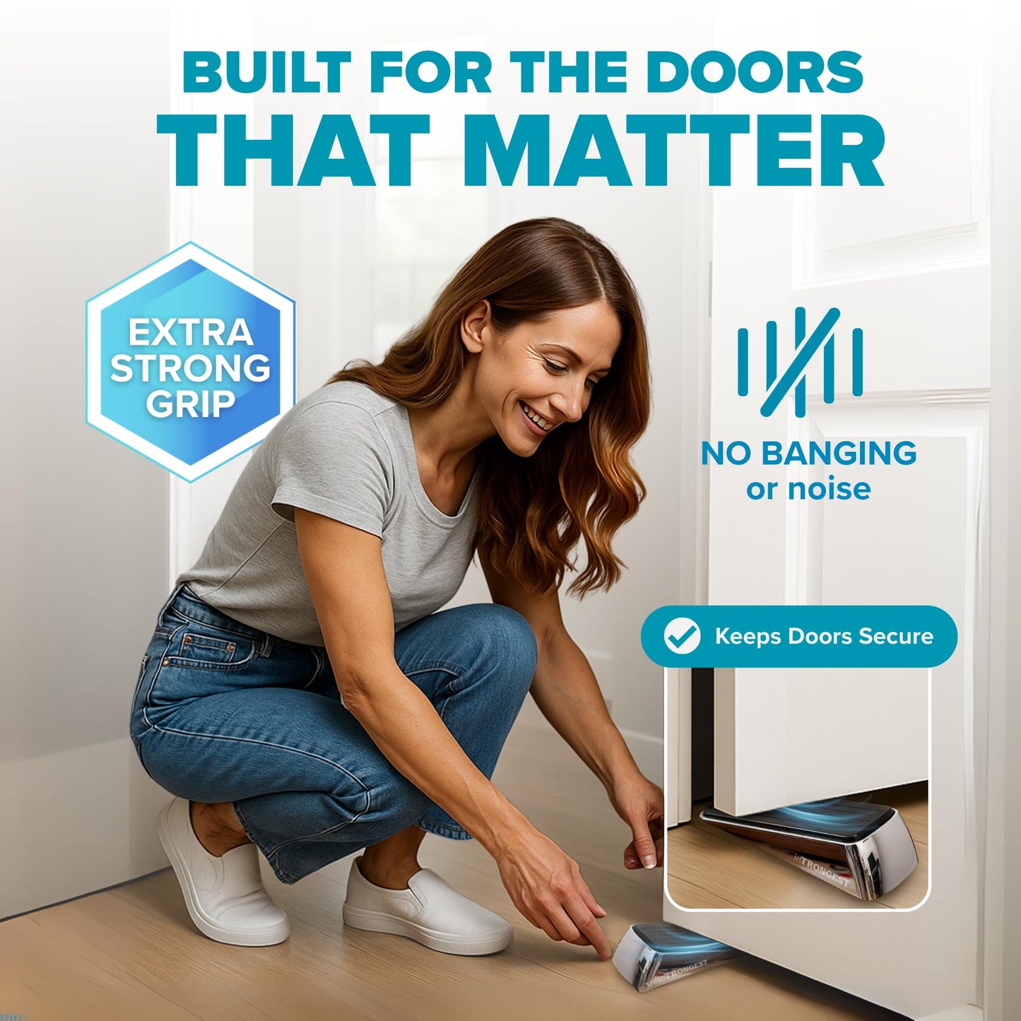 Strongest Home Heavy Duty Door Stopper Wedge (2 Chrome PCs) | Non-Slip Rubber and Metal Door Stop for Heavy Doors | Work on Wood, Tile, Carpet + 2 White Wall Protectors