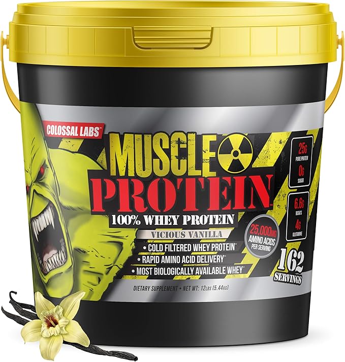 Muscle Whey Protein Flavored Protein Powder, 25,000mg Amino Acids/Serving, Cold Filtered(Packaging May Vary) (12 Pound (Bucket), Vanilla)