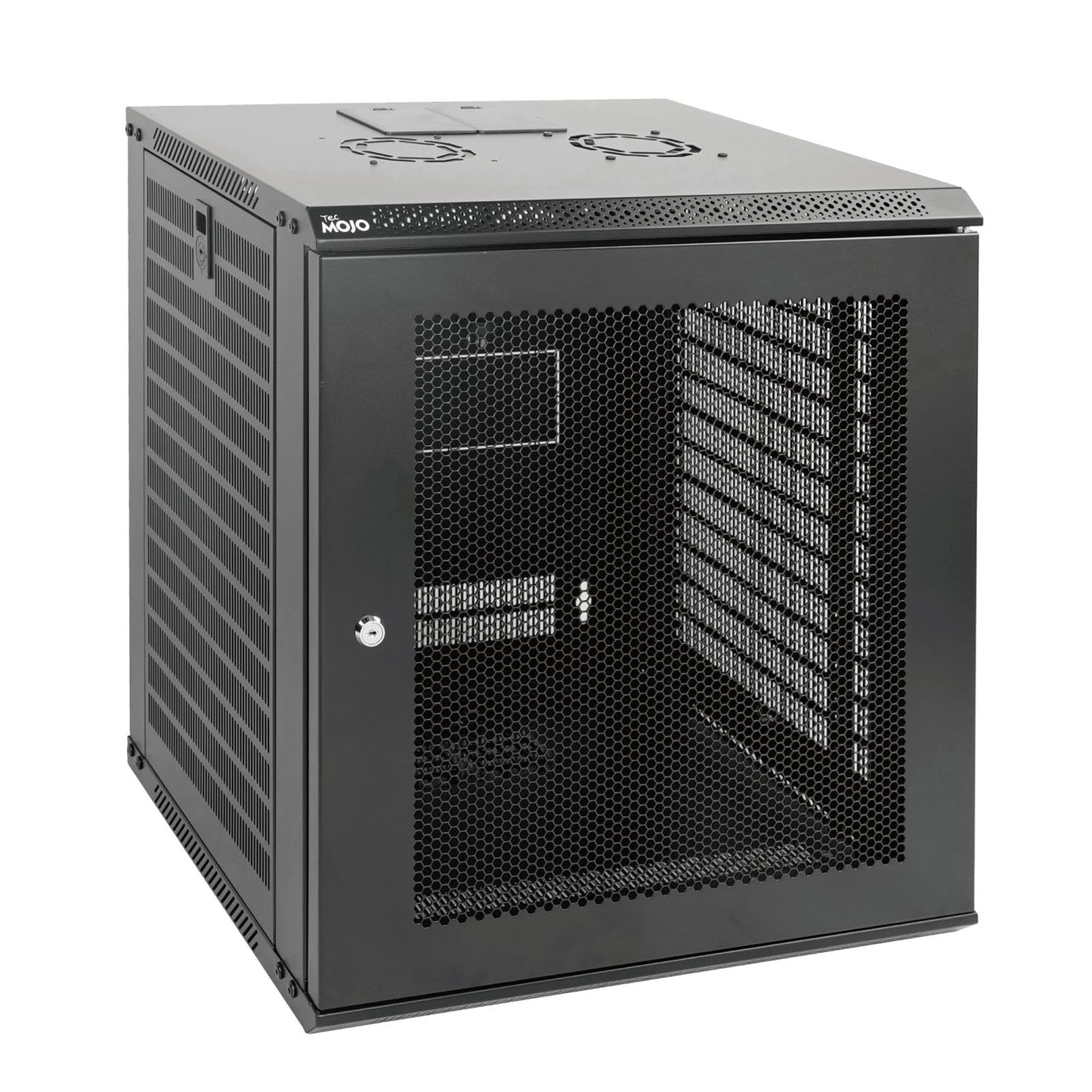 Tecmojo 12U Wall Mount Rack Network Cabinet for 19” IT Equipment,with Lockable Mesh Door and Removable Side Panels,Cooling Fan,Black,17.7inch Deep