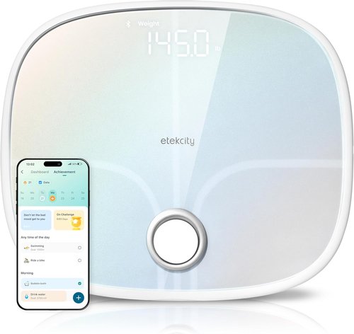 Etekcity Smart Digital Bathroom Scale - Rechargeable Body Weight & BMI Tracker | 13 Metrics, Bluetooth, Rainbow White